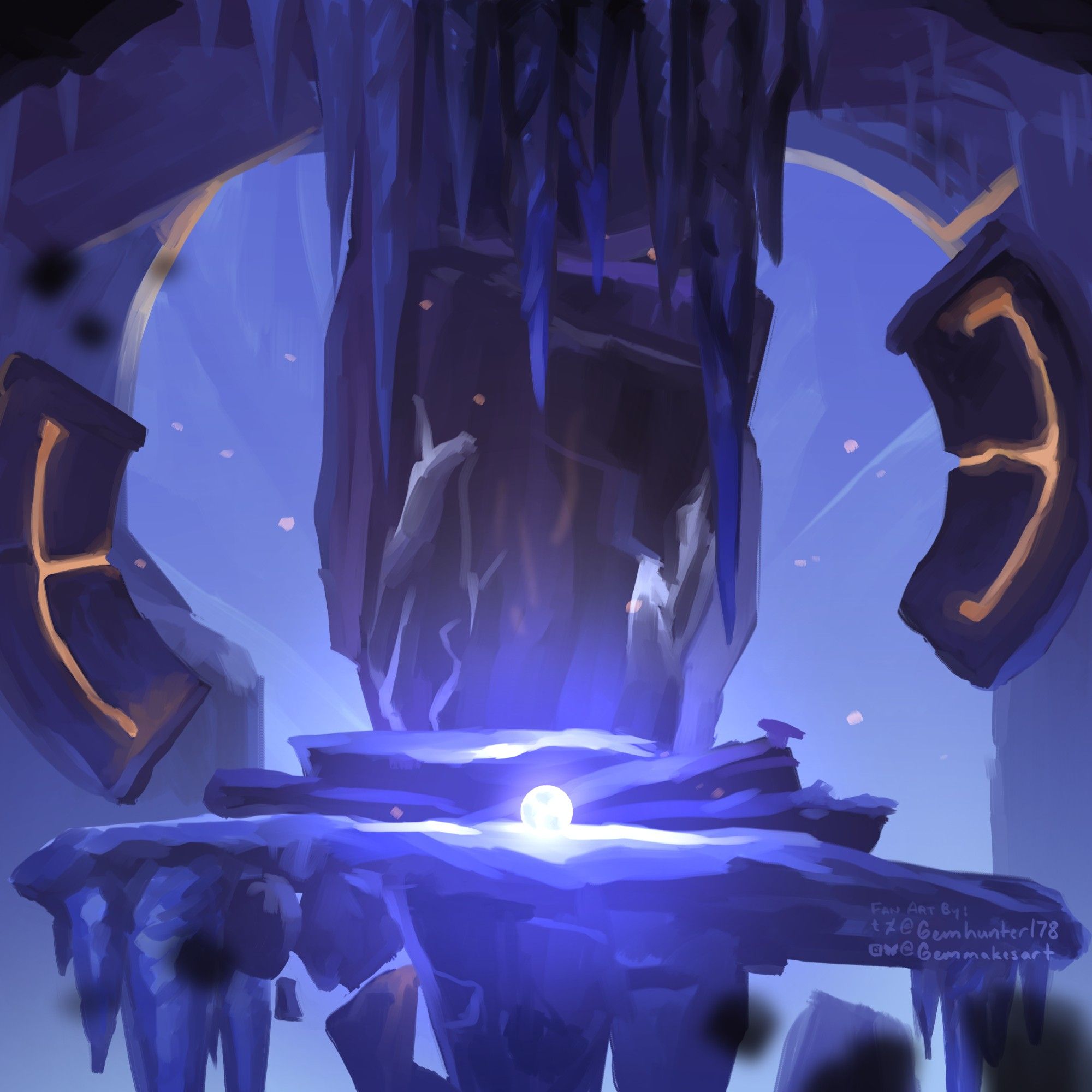 Digital fan art the Forlorn Ruins in Ori and the Blind Forest - it is of an icy rock structure with some glowing veins of orange. In the middle is a glowing orb