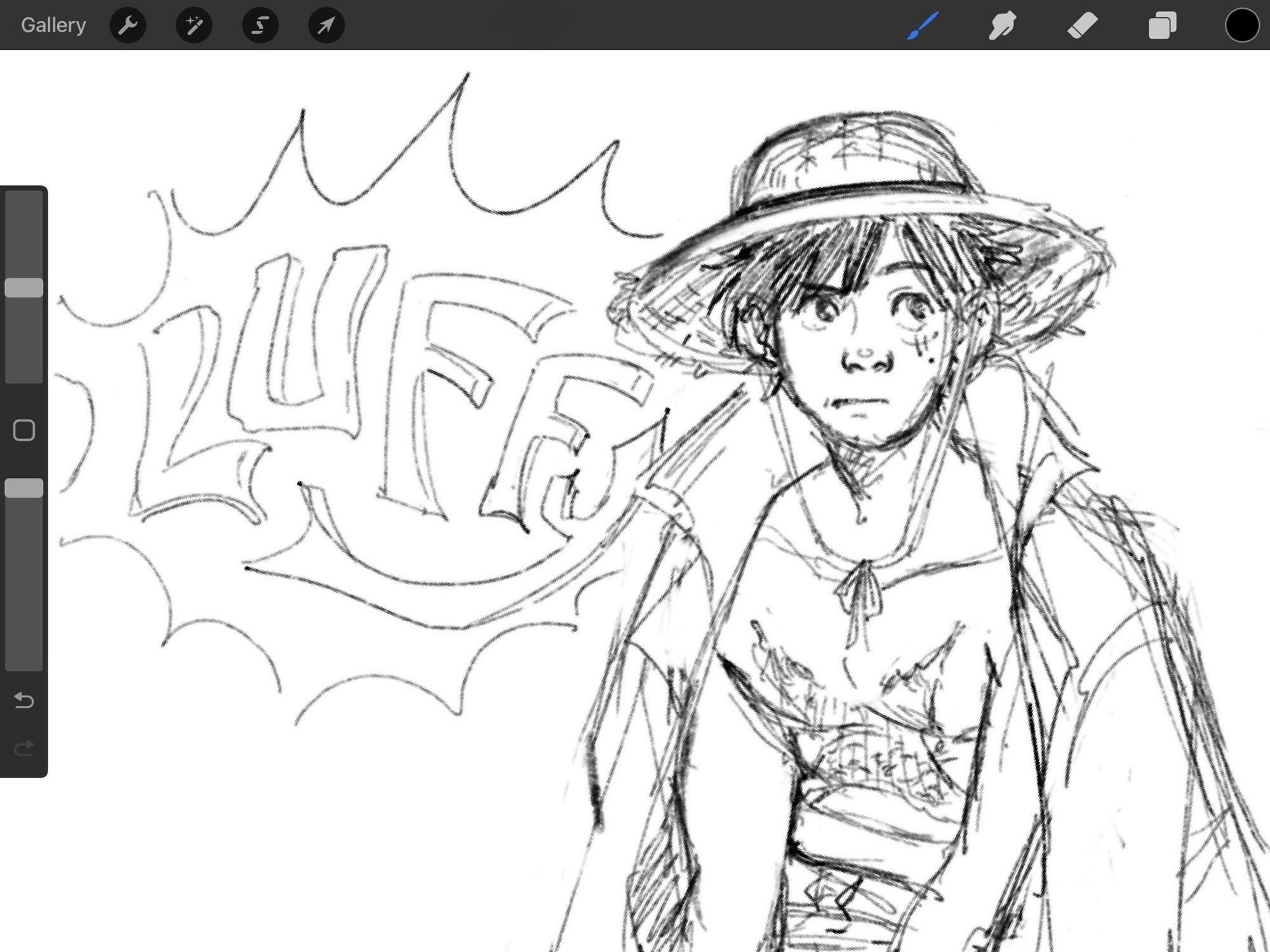 A one piece fan art sketch of Luffy sitting with a coat over his shoulders. He’s looking to the right with an eyebrow raised. To the left, his named is spelled in bubble letters.