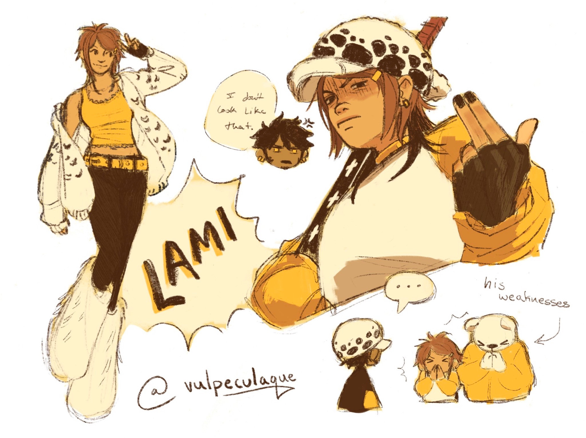 a series of colored doodles of Lami from One Piece as an adult, with smaller doodles of Law and Bepo. The text bubble behind law’s head reads “I don’t look like that.” The text pointing to Lami and Bepo reads “his weaknesses.”