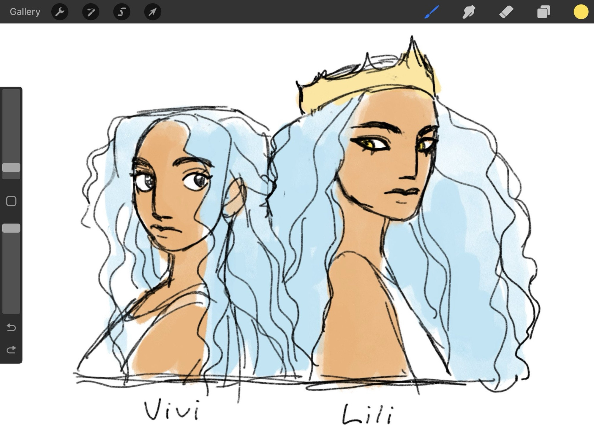 Two roughly colored bust sketches of Vivi and Lili from One Piece. They stand back to back as they look in each other’s direction. The two look similar to each other, both having brown skin and long, curly blue hair. Lili is taller than Vivi and wears kohl around her gold colored eyes. She also wears a gold crown and has fuller hair than Vivi. Vivi has softer features and round, dark eyes, but both share similar mouth shapes and the same long, straight nose. 