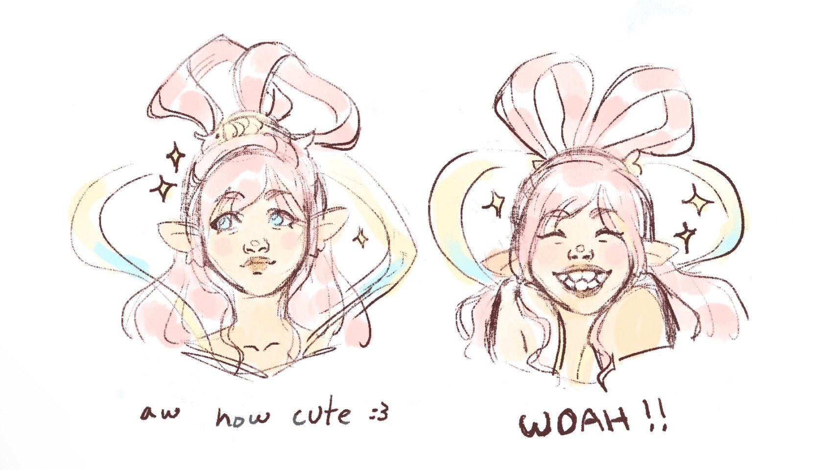 Two colored bust sketches of Shirahoshi from One Piece. In the first sketch, she is looking to the left with a small smile. The words under the first sketch read “aw how cute :3.” In the second sketch, she sports a bigger smile with her shoulders scrunched up and eyes closed, showing big, sharp teeth. The caption under the second sketch reads “WOAH!!” There are sparkles surrounding both sketches.