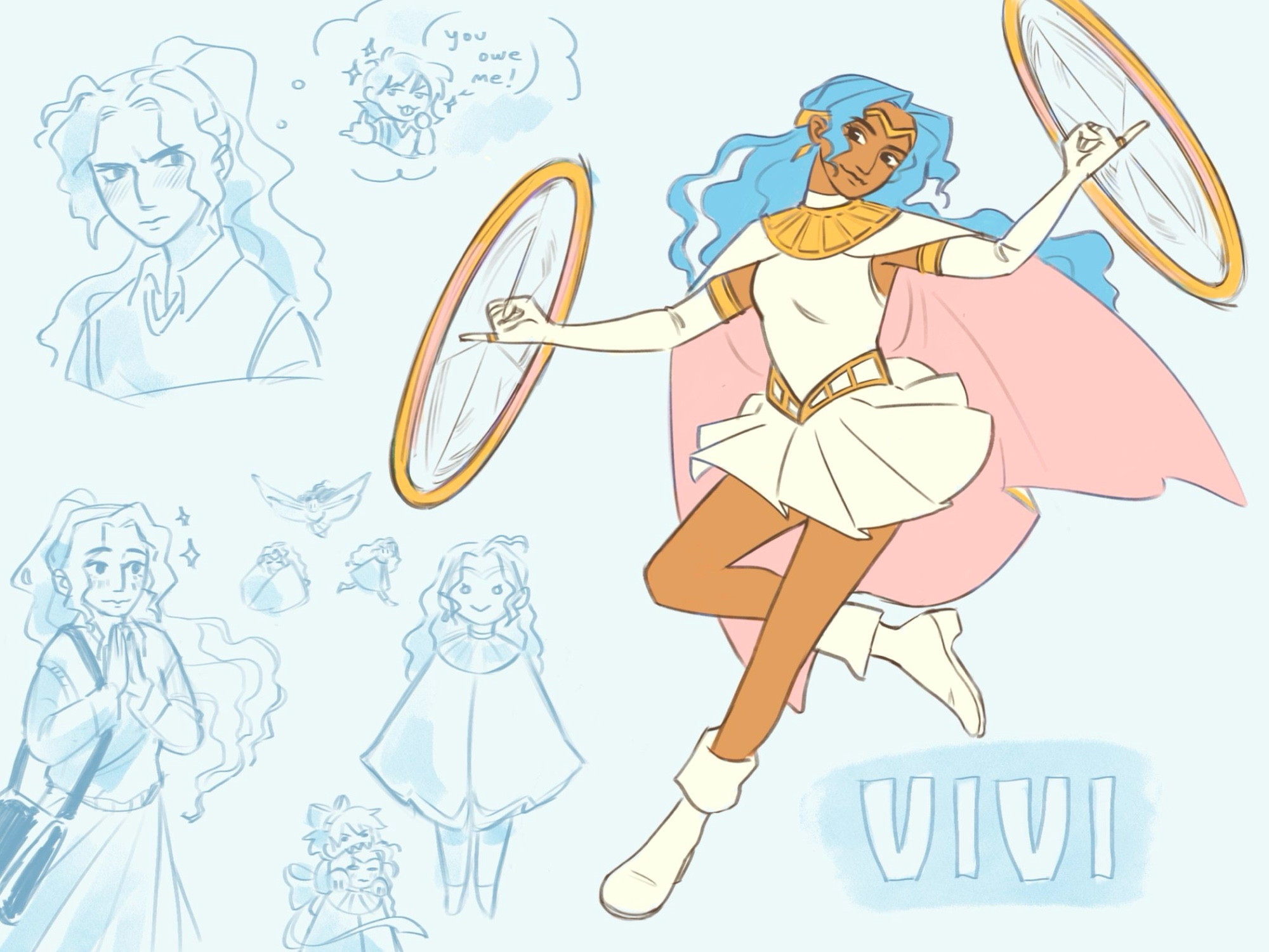 drawing of vivi from one piece as a magical girl twirling her slashers around her pinkies. she wears a short white dress with white boots and a cape that’s white on the outside and pink on the inside. she also wears long white gloves that attach to the gold arm bands around her biceps. her outfit has gold accents around her waist and collar, and she wears a gold circlet on her head. to the left of her, there are a series of sketches. top left, a headshot sketch of vivi angrily thinking with the thought bubble showing a chibi nami holding a middle finger up with a smug look. the speech bubble next to nami reads “you owe me!” in the bottom left, a half body sketch of vivi in her school uniform twirling with prayer hands and sparkles next to her. to the right of that sketch, a doodle of nami biting down on vivi’s head. above, a series of sketches of vivi in various poses with her cape around her as well as a small sketch of her gliding with her cape.