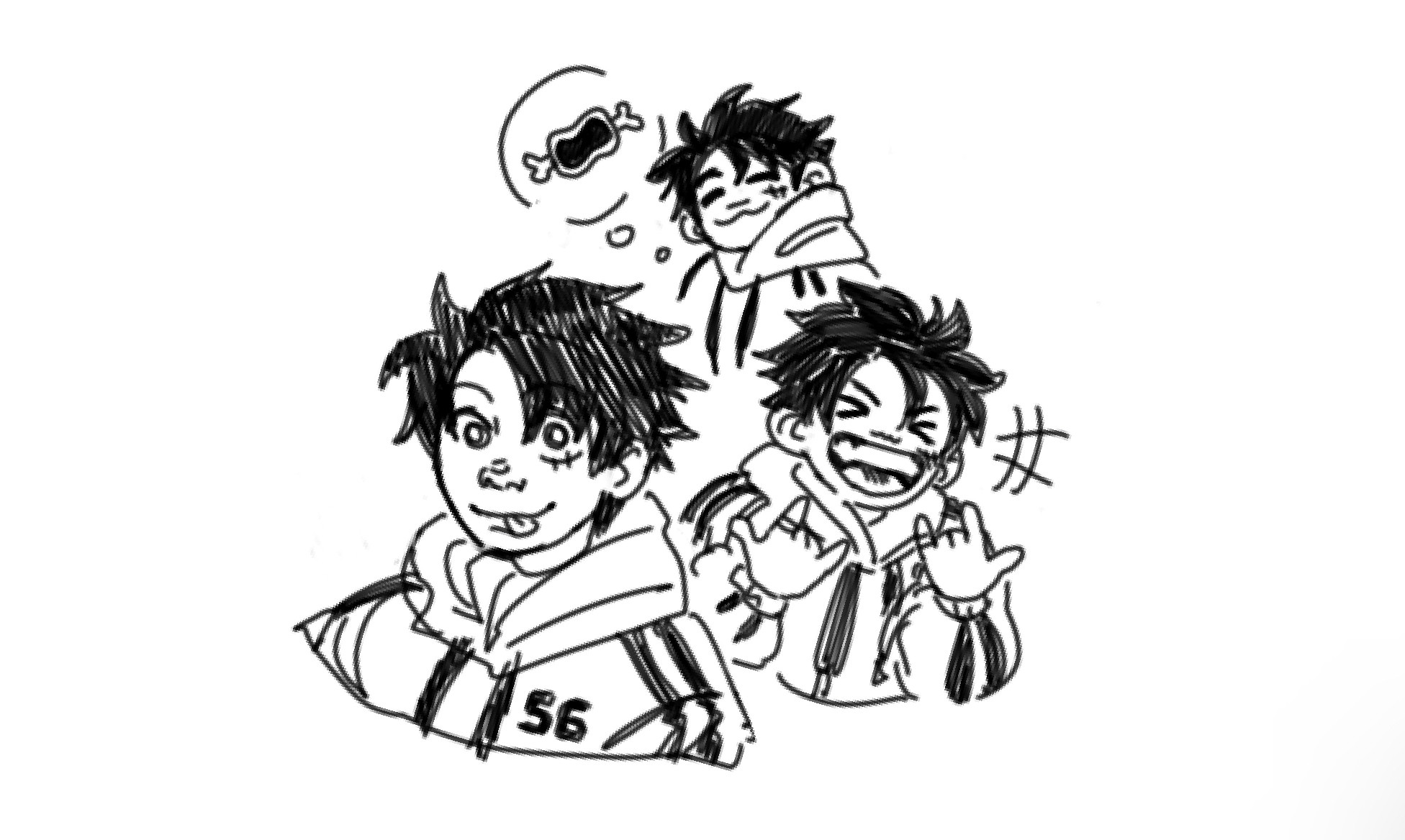 three doodles of luffy from one piece making various goofy and fun expressions. he is wearing a hoodie and his hair is loosely slicked back. in the top doodle, there is a thought bubble next to luffy’s head displaying meat on a bone as he thinks about it with a cat like smile. 