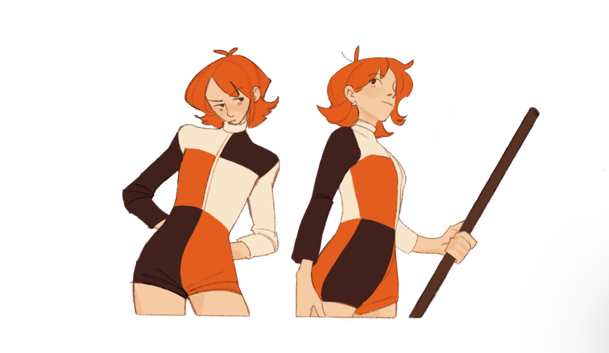 Nami from One Piece posing in a black, orange, and white square patterned jumpsuit.