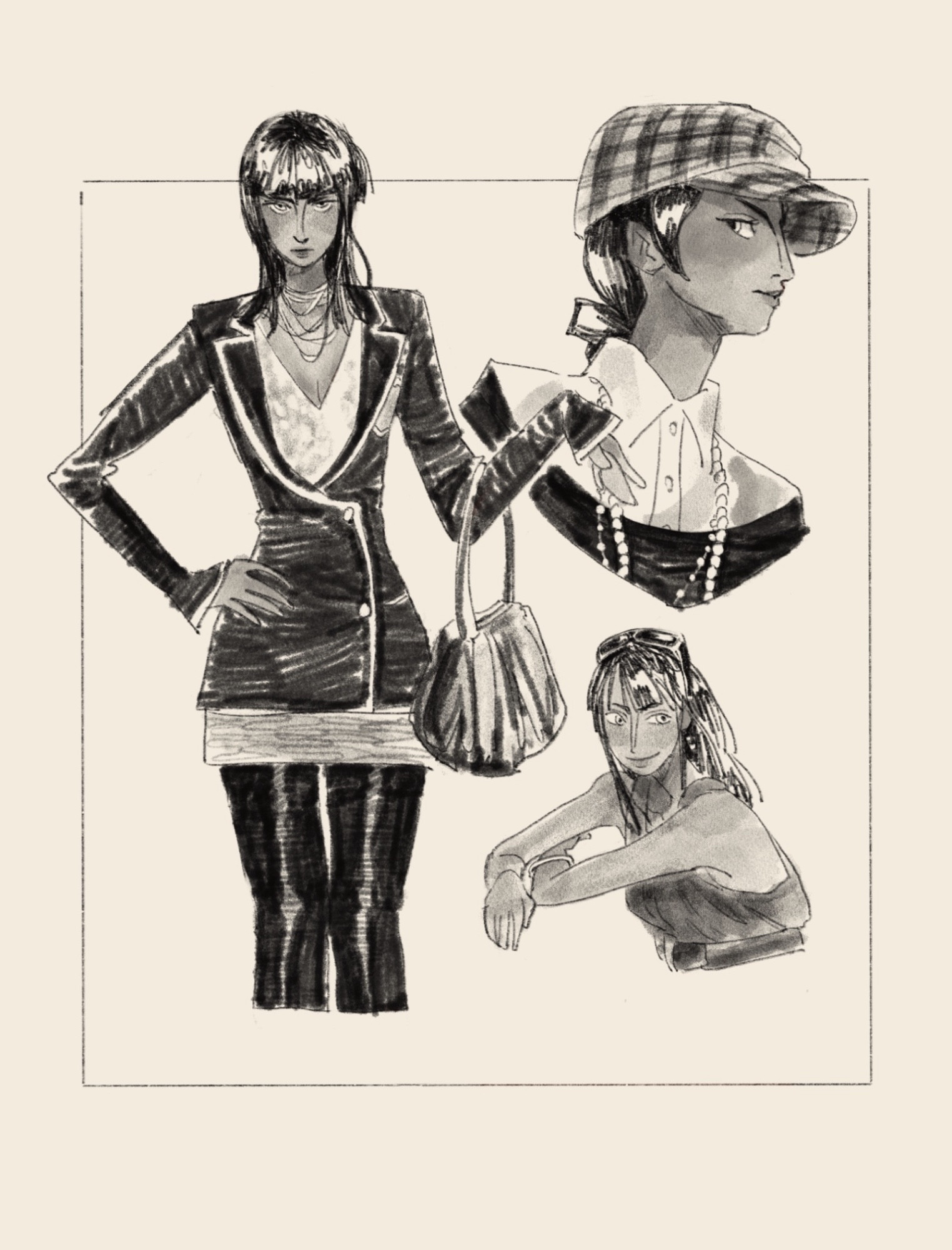 A series of sketches of Nico Robin from One Piece wearing outfits from The Devil Wears Prada 