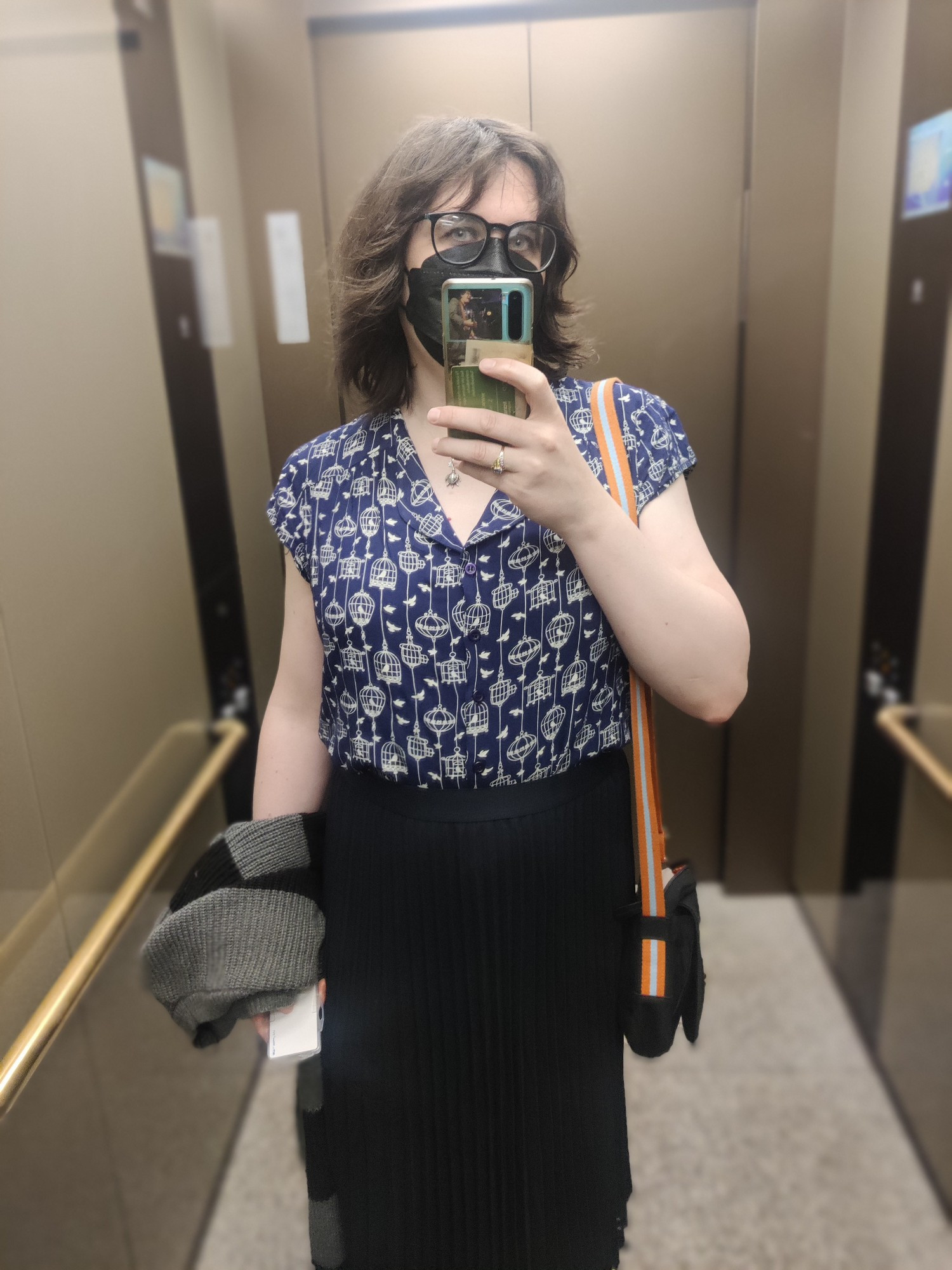 selfie of me in the mirror in the lift in work. I'm wearing a navy blue pleated skirt and a short-sleeved blue blouse with a bird and birdcage pattern printed on it. 