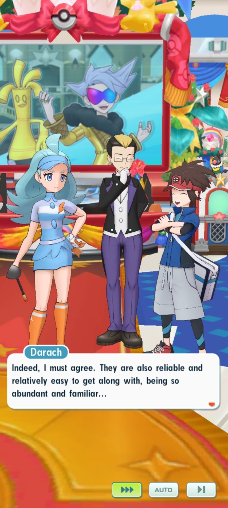 Screenshot from pokemon masters ex. Darach agrees and lists more reasons why bird pokemon are awesome