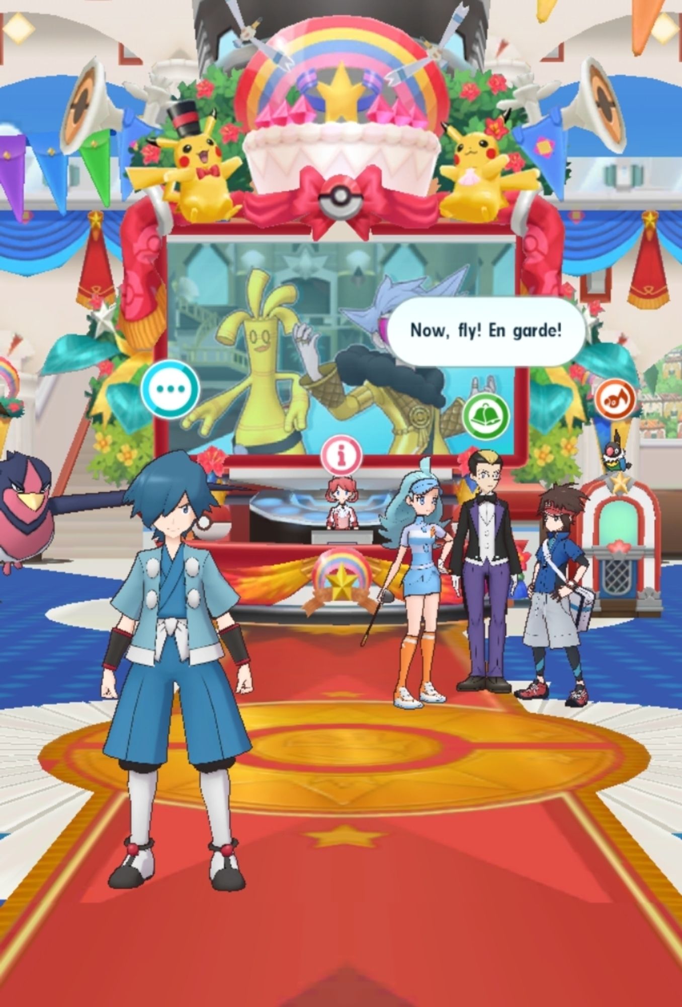 Screenshot from pokemon masters ex. In the background Nate is in a group with Darach and Kahili.