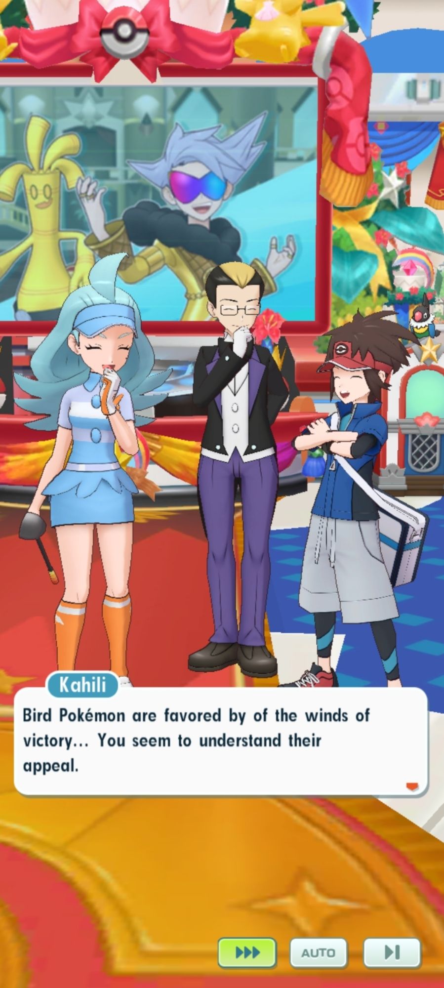 Screenshot from pokemon masters ex. Kahili recognises that Nate understands the appeal of bird pokemon