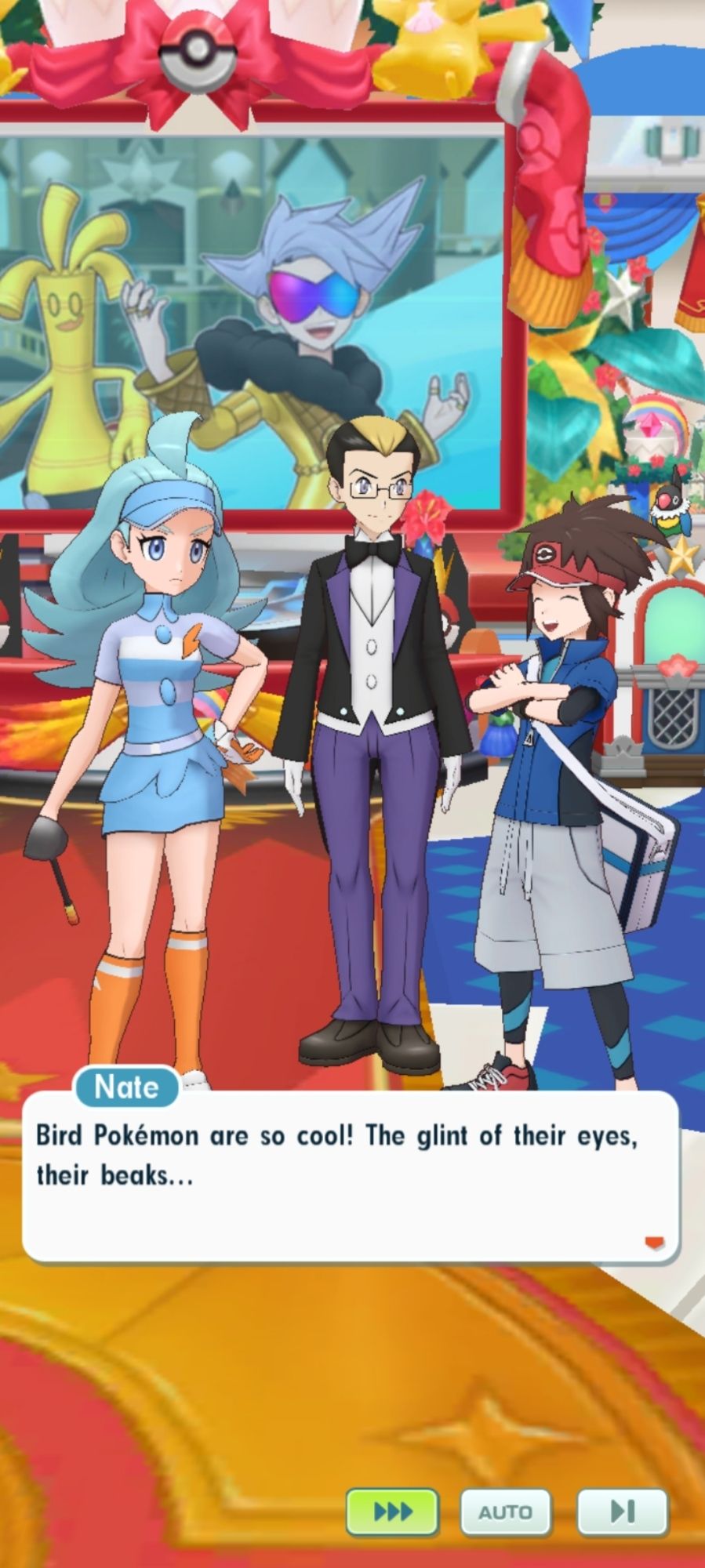 Screenshot from pokemon masters ex. Nate calls bird pokemon cool