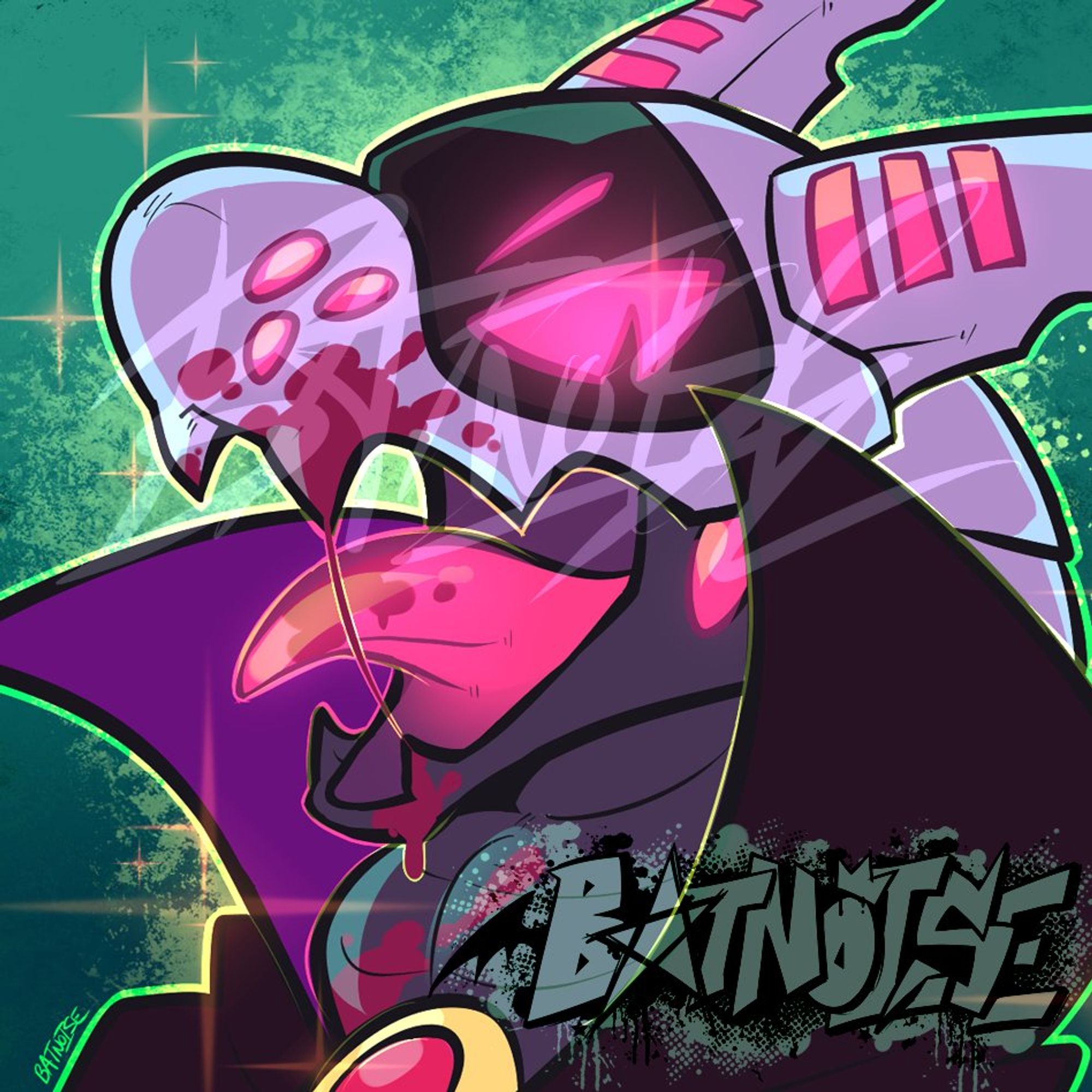 a digital drawing from the neck up of a lavender robotic dragon/lizard with a screen face and magenta accents and eyes, its mouth open and teeth bared with blood on its snout, tongue, and neck. it wears a vampire cape and has sharpened teeth. the background is a blend of seafoam and darker green.