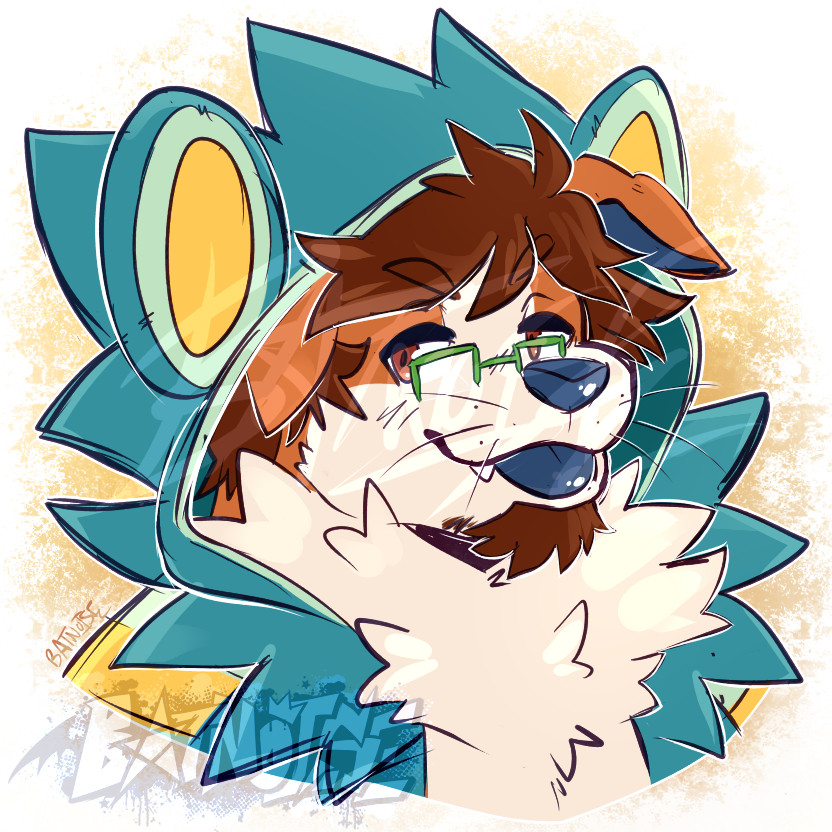 a rough digital drawing from the shoulders up of an orange and cream otter-dog hybrid anthro with floppy dog ears, brown fluffy hair and goatee, a fluffy cream neck ruff, blue nose and tongue, and chestnut-brown eyes. they stick their tongue out in a slightly smug expression. they wear a blue hoodie and yellow designed to resemble the pokemon luxray, and green square-framed glasses across their nose. the background is a painted blotch of yellow.