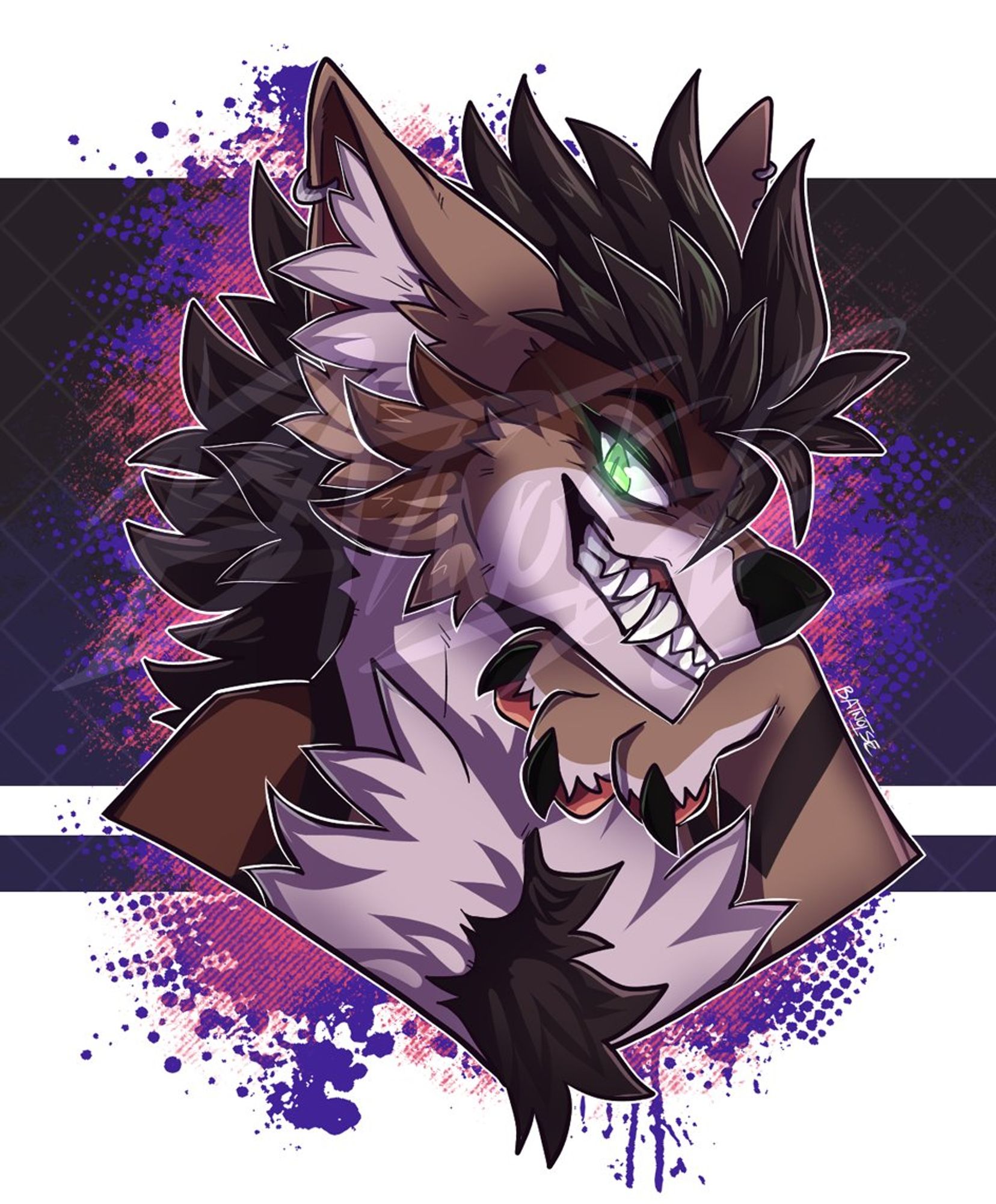 a digital headshot colored in dark lighting of a jackal anthro in various browns with green eyes and a dark spikey mane, against a background of black, blue and red. he looks down at the viewer, one paw under his chin, with a devious grin. his eyes glow, standing out from the dark colors of the piece.