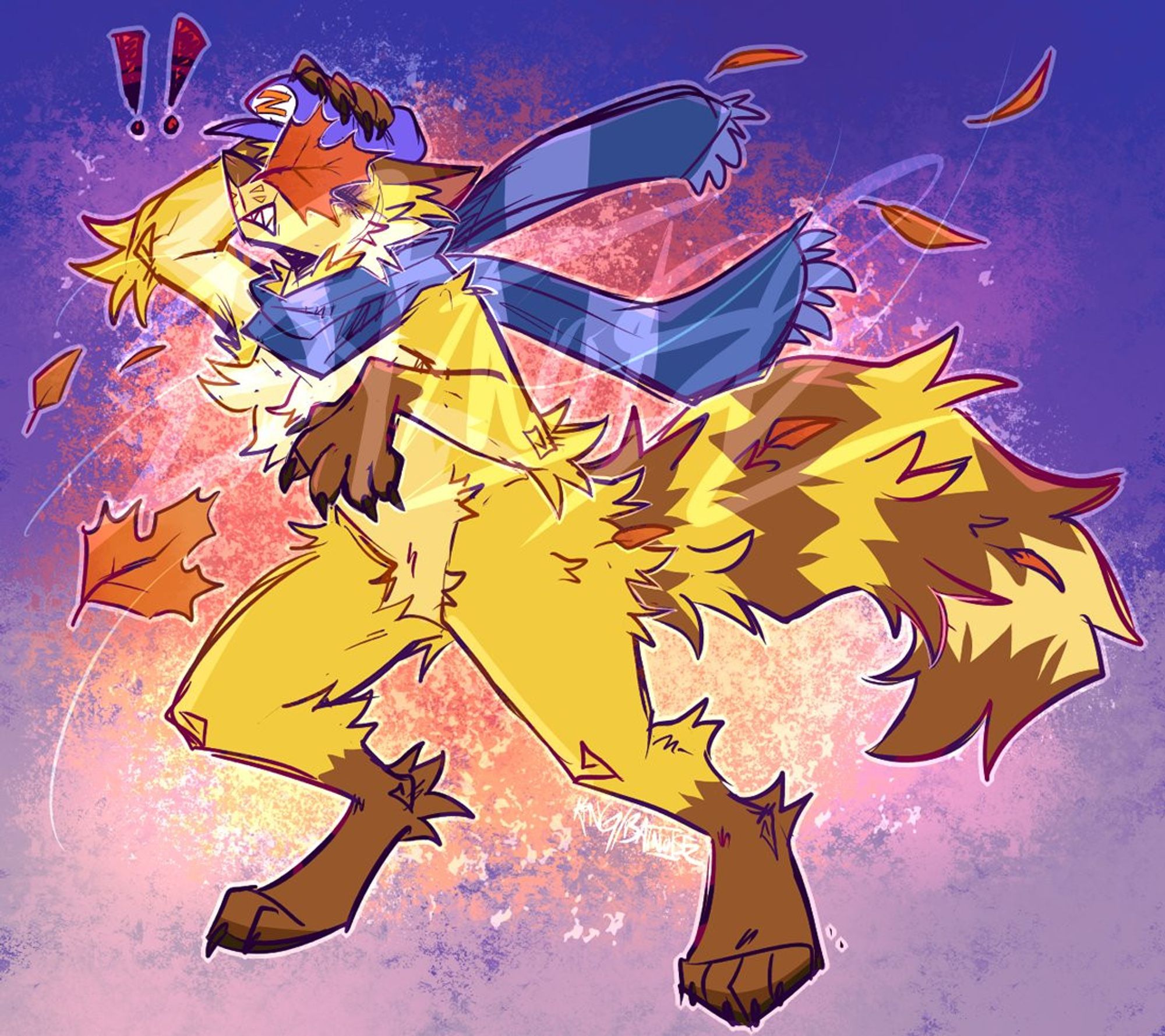 a digital drawing with rough, sharp colorful linework of a yellow and brown fox anthro, bracing themselves against the wind, against a background of various cool colors. they wear a blue mario styled cap with the letter "z" on the front and a blue striped scarf. they hold down their cap as a barrage of leaves blows by them and gets stuck in their fur, one large leaf slapping him directly in the face. he has a surprised yet distressed expression, gritting his teeth.