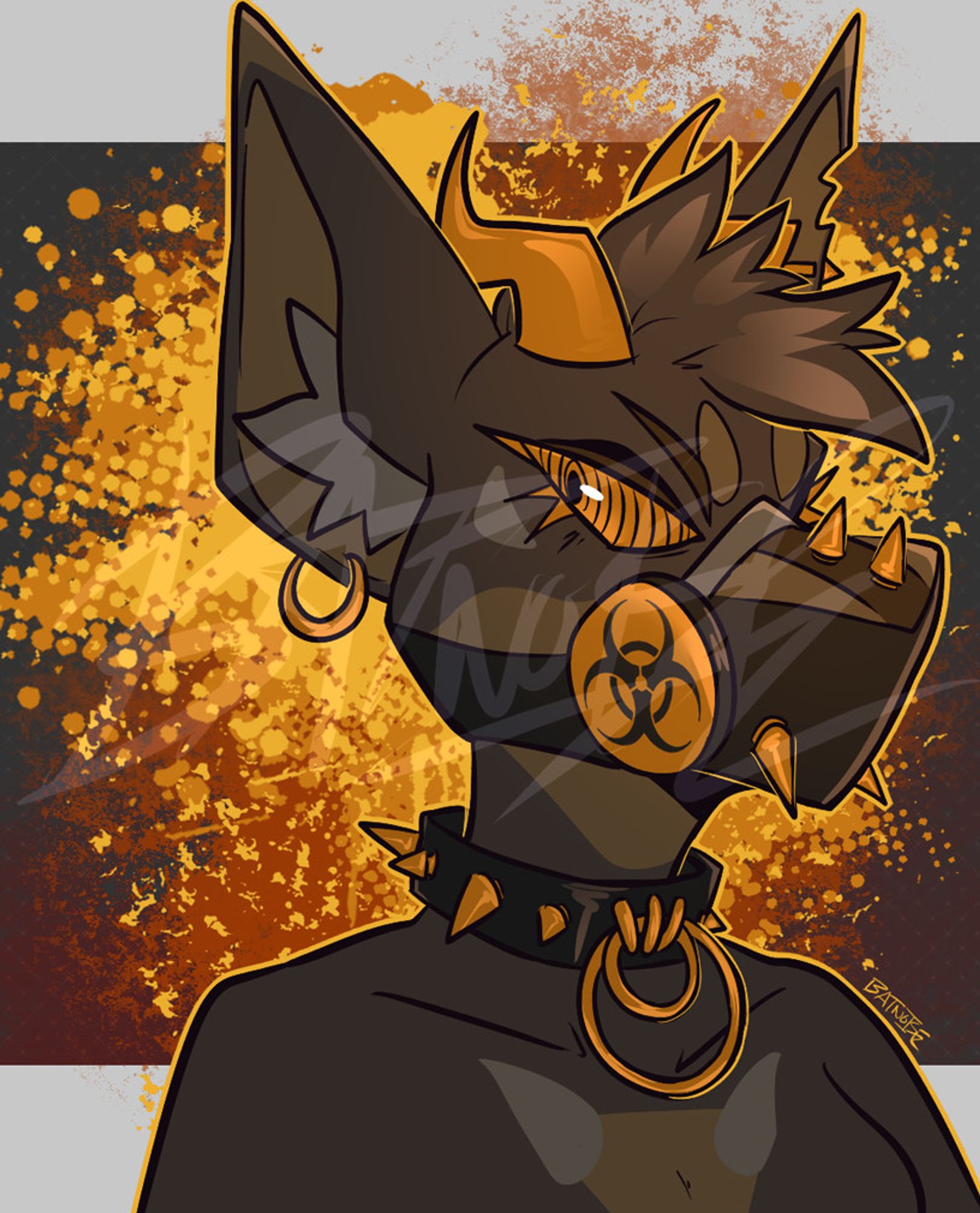 a digital drawing from the chest up of a doberman anthro, standard black and brown in color, with intense orange eyes, curved orange horns on its head, a black gas mask with orange spikes and accents and a spiked black collar, against a background of orange and red splatters. she faces towards the right, looking to the left with an intense gaze.