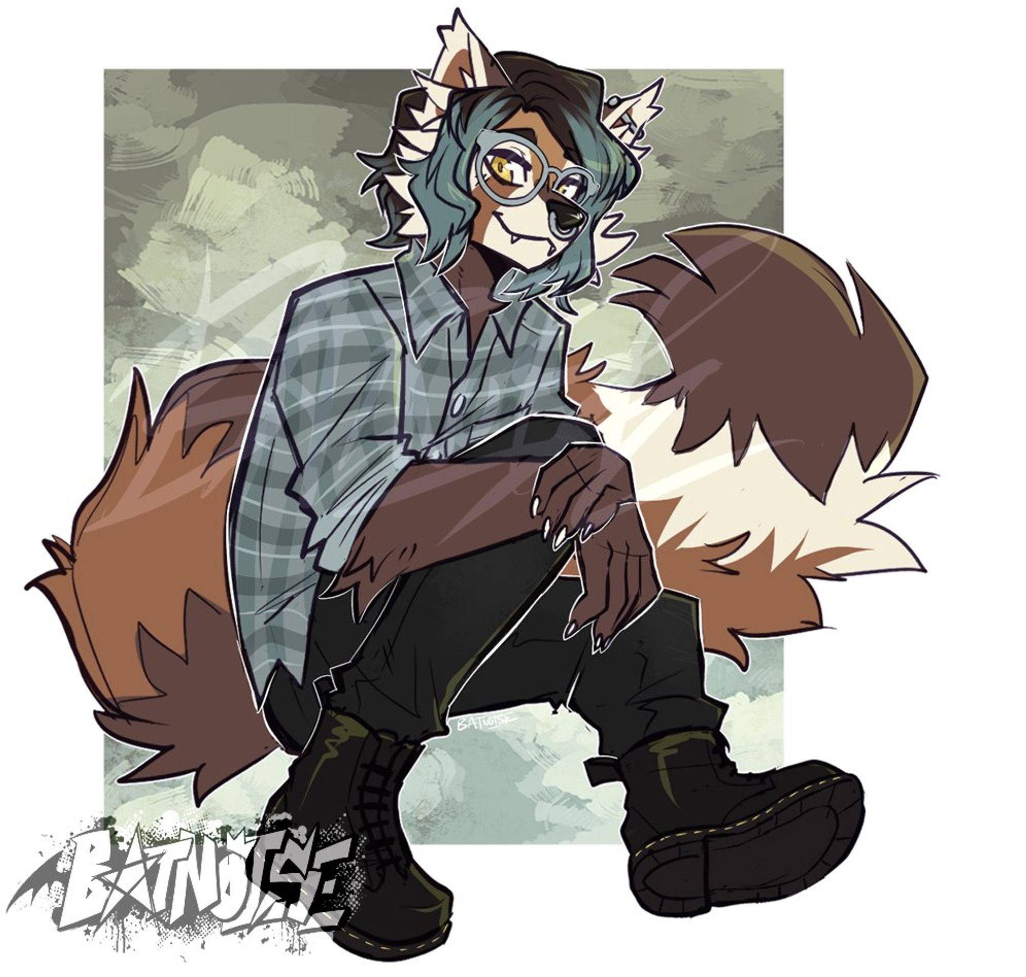 a digital drawing with rough linework of a lanky red panda anthro with golden eyes and dark brown wavy hair that blends into a greenish blue at the ends. he sits in a comfortable pose with a content smile, wearing glasses, a grey-blue plaid shirt, black jeans, and doc martens, against a greyish green background.