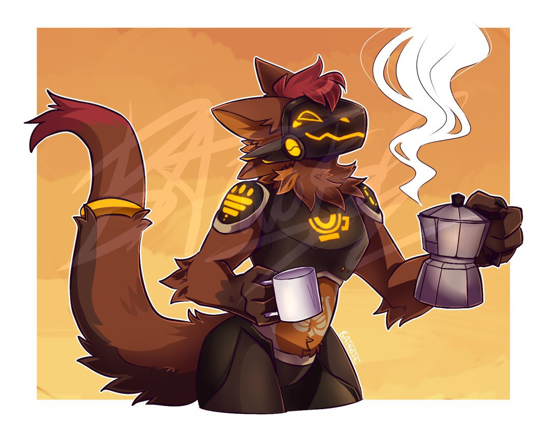 a shaded waist-up illustration of a protogen, various warm browns in color with latte art patterning on his torso. his chest and thigh armor is a brownish metal, and his face visor and shoulder panel designs glow a bright orange. on one shoulder panel is a coffee drip design, and the other shows a timer. on his chest is a coffee mug design, also glowing orange. he smiles with a content expression, holding a mug in one hand and a moka pot in the other. the smoke from the moka pot trails up, connecting to the white framing of the composition.