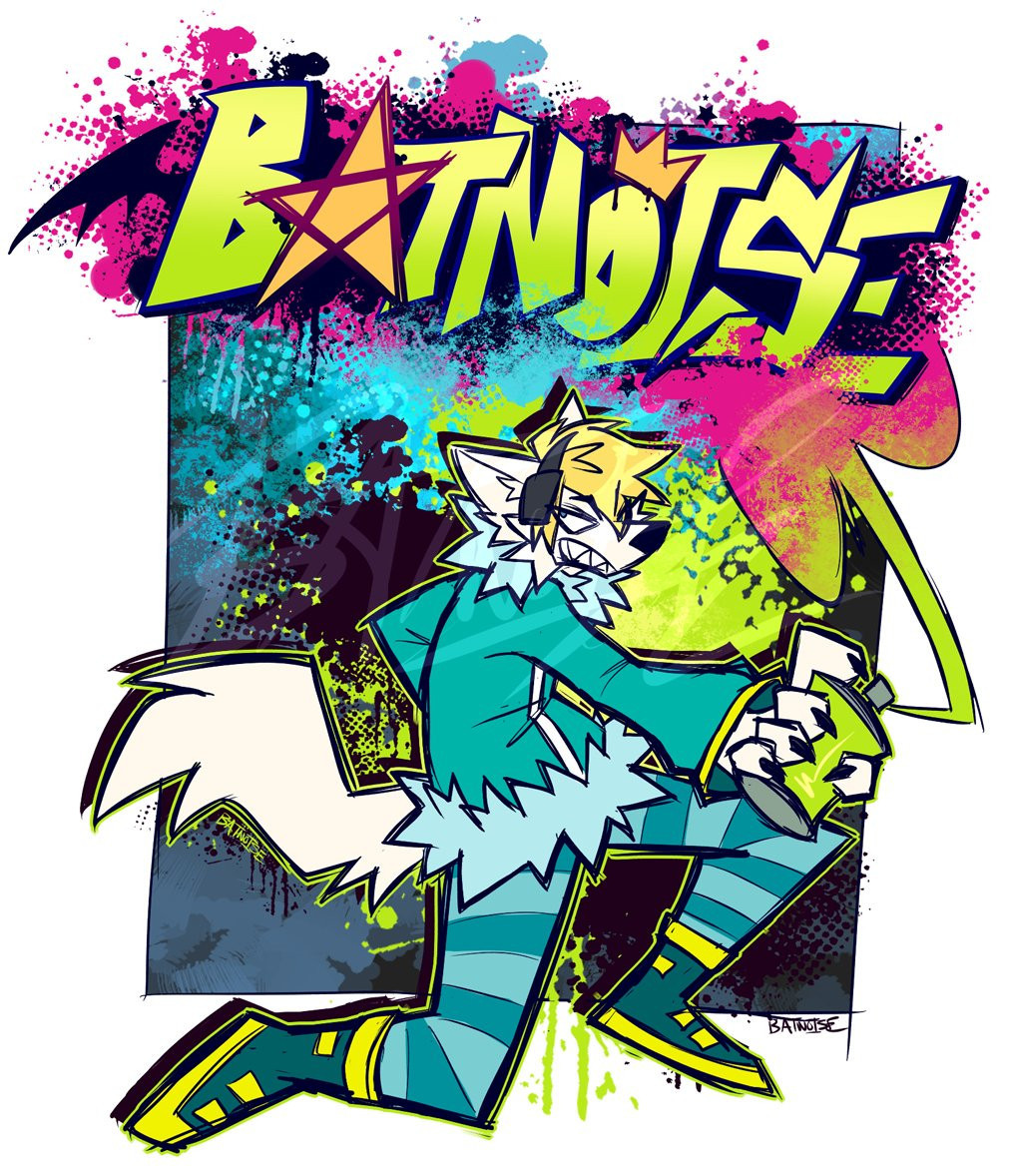 a heavily stylized digital drawing with rough, sharp linework of a white wolf anthro with short blond hair, dressed in a teal coat with lighter fur trim, striped blue leggings, and color blocked turquoise and yellow boots. it crouches, leaning on one knee, spraying paint from a green spray can. the background is a wild mess of colorful splatters, along with a graffiti tag that reads "batnoise", in sharp stylized green and black hand-drawn lettering against pink splatters. the piece is framed so that the spray from the can leads directly to the graffiti tag.