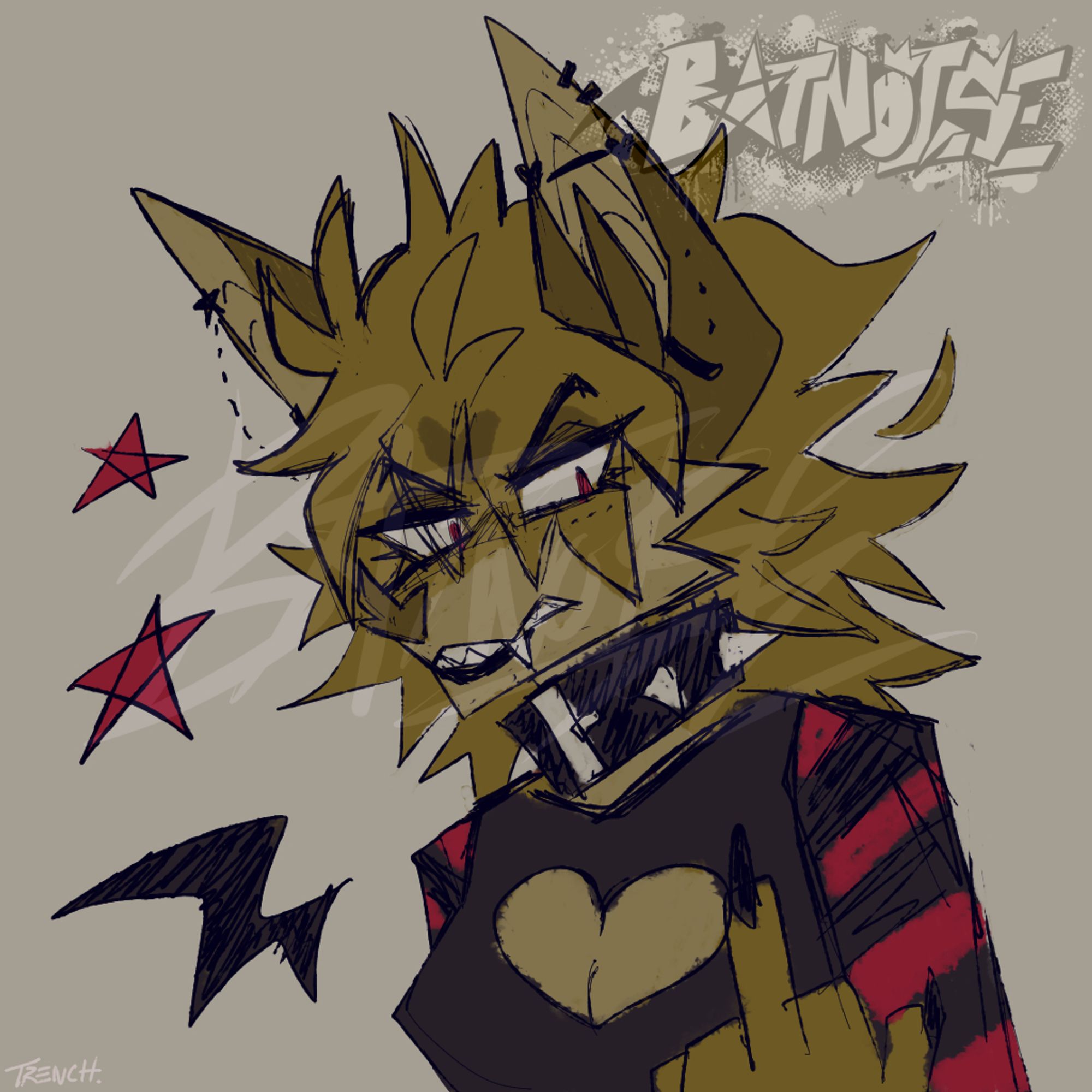 a digital drawing with muted colors and rough lineart of a golden bat anthro with a heart marking on his forehead, red eyes with sharp eyebrows and eyelashes, a spiked collar, and a black crop top with a heart shaped boob window and red and black striped sleeves. he looks down at the viewer with a snarl, sticking up his middle finger. on his left side are two stars and one of his wings, stylized in a small way.