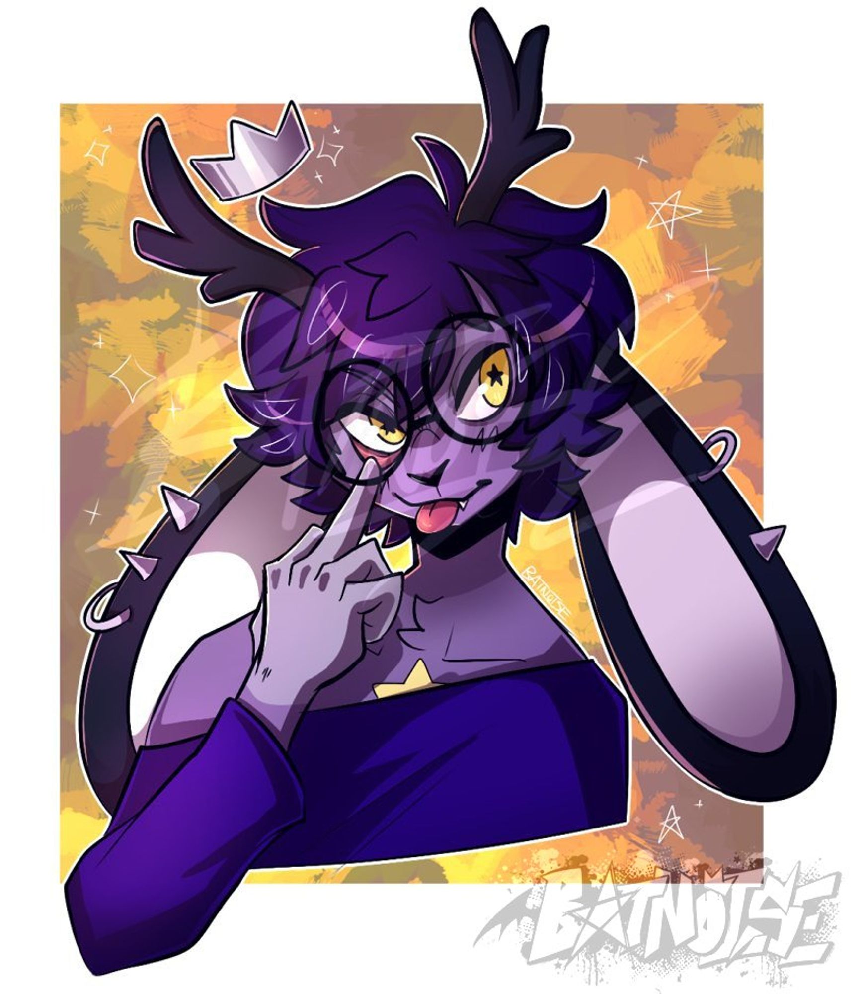 a digital bust illustration of a purple jackalope anthro with messy darker purple hair, gold eyes with star shaped pupils, and pierced ears, against a painted golden background. he has big round glasses on his face, a small floating silver crown above his head, and wears a long sleeved blue shirt. he looks at the viewer with his tongue stuck out, middle finger pulling down his eyelid in a teasing expression.