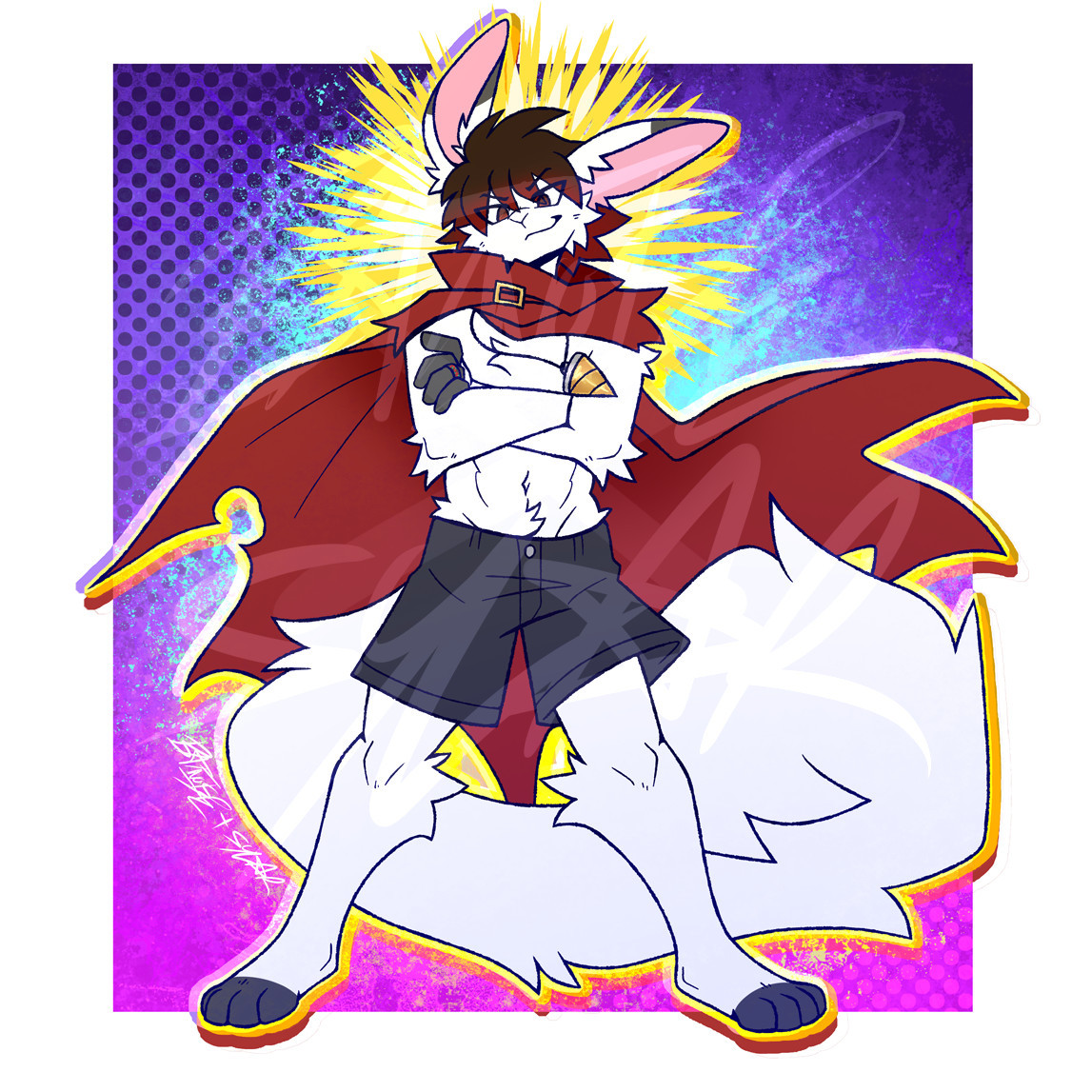 a digital drawing of a white rabbit anthro with darker fingers, toes and ear tips, a big squirrel tail, and short brown hair with red highlights, wearing black shorts, a red tattered cape buckled around the neck, and a drill necklace. they stand in a triumphant low-angle pose, cloak flowing behind them, arms crossed, looking down at the viewer with a smirk, against a colorful background of blues, purples, and yellows.