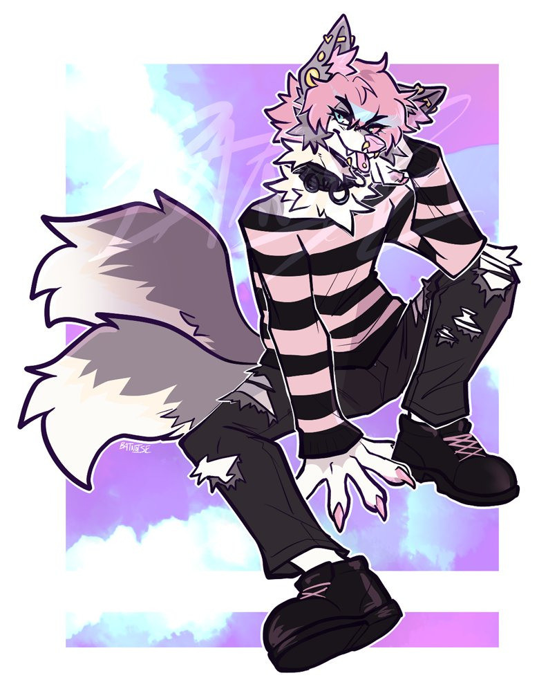 a fullbody digital illustration of a grey dog anthro with white markings, two tails, short pink hair, and gold piercings. he wears a pink and black striped sweater, a black collar with spikes and o-rings, ripped black skinny jeans, and black shoes with pink laces. he sits, head leaning against one hand, sticking his tongue out looking at the viewer, against a painted background of pastel blues and pinks.