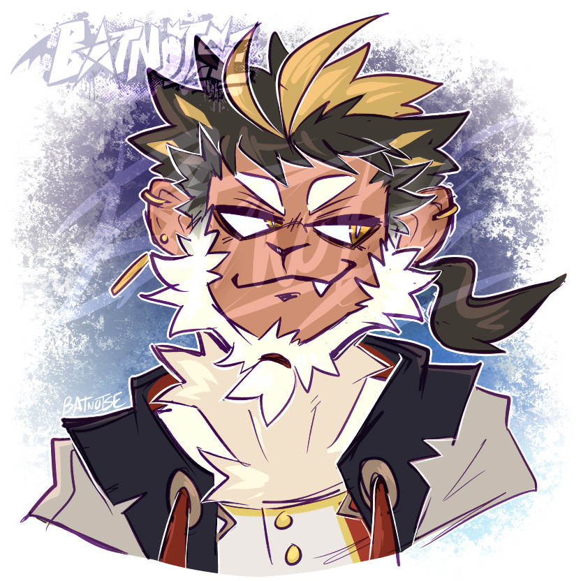 a rough digital drawing from the chest up of a monkey anthro with tan skin and golden eyes. they have dark grey hair with golden cowlicks and streaks and a small ponytail in the back, which blends into a white beard around the sideburns. their goatee is also tied at the end. they look to the side with a smug, confident closed smile. the background is a painted blotch of blues.