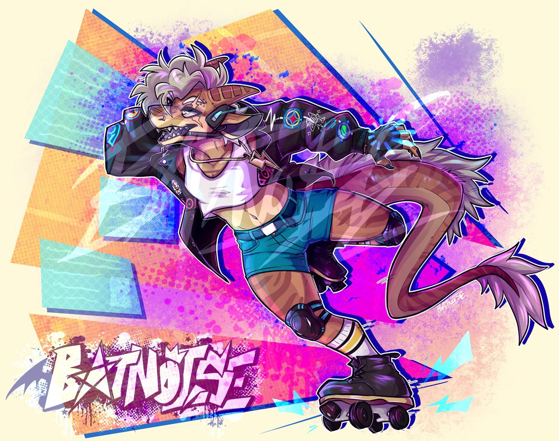 a digital drawing of a brown dragon anthro with small horns and ears, darker brown scales and stripes, and dusty grey curly hair and mane. she wears a racer jacket with various embroidered sponsor patches, a white cropped tank top, a necklace with a lightning bolt pendant, blue short shorts, knee pads, white socks that go up to her calves, and black roller skates. she wears a headset curved around her ear and dashes forward on her skates against a background with various colorful shapes and splatters, some shapes resembling holographic screens and others following her movement and motion.