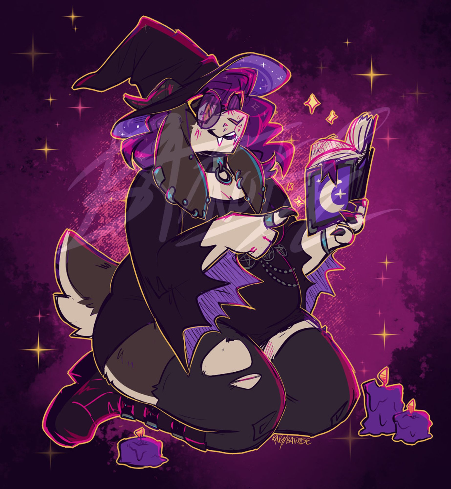 a digital drawing with rough, sharp colorful linework and colorful accents of a brown and tan rabbit girl anthro with a large curvy body shape, curved dragon horns, and slitted amber eyes. she has dark purple sideswept hair and long lop ears. she wears a big witch hat, purple-tinted glasses, a short dress with bat-wing sleeves, torn thigh-highs, and boots. she sits on her knees, surrounded by candles, holding a spellbook in one hand, against a black and pink background.