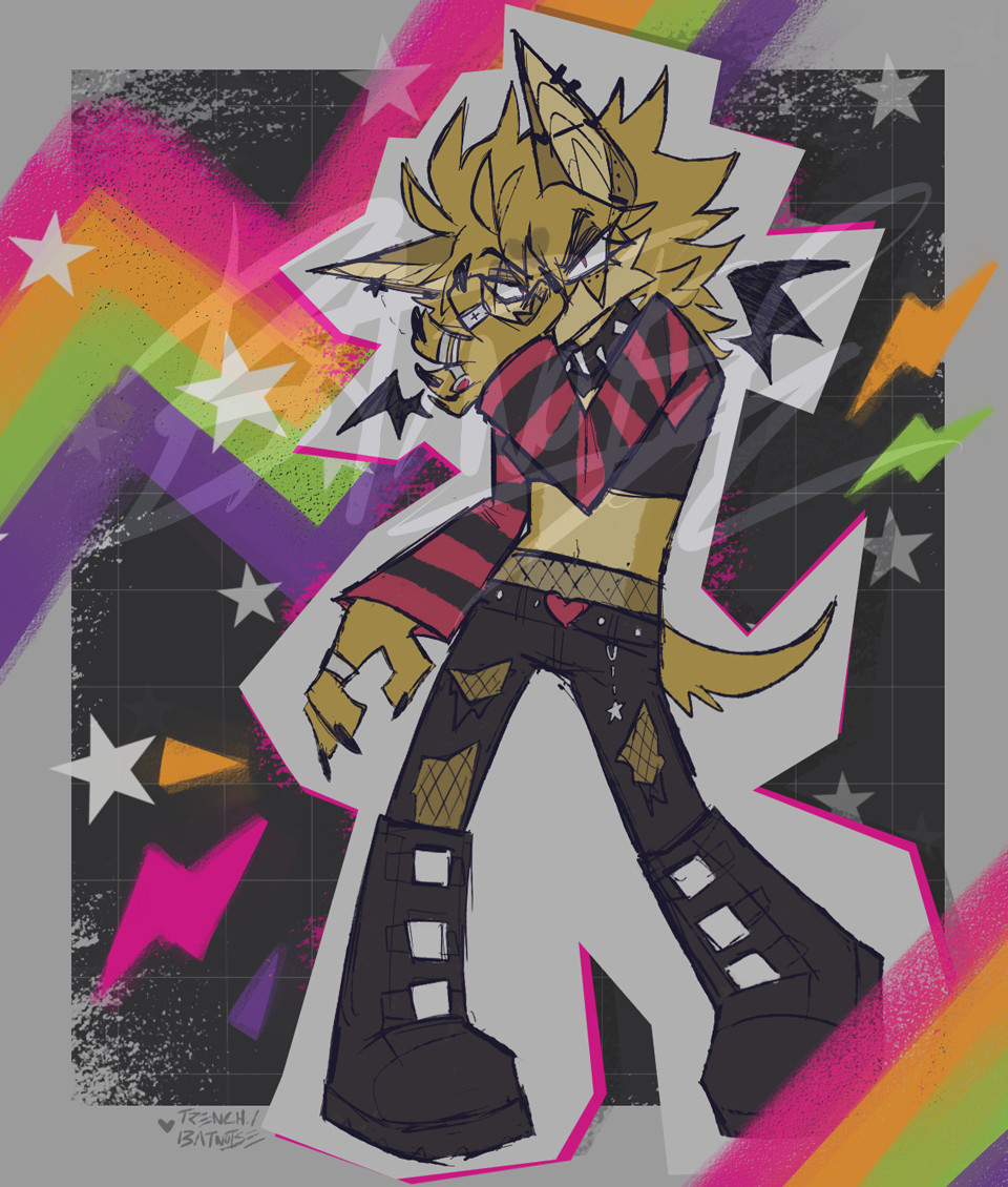 a scratchy looking digital drawing with muted colors of a golden bat anthro in black and red punk clothes with big boots and a crop top, standing with one hand covering his face and the other to his side, legs in a wide stance. he stands against a background of black and grey, accented by lightning bolts and jagged lines in the colors of the queer villain pride flag.