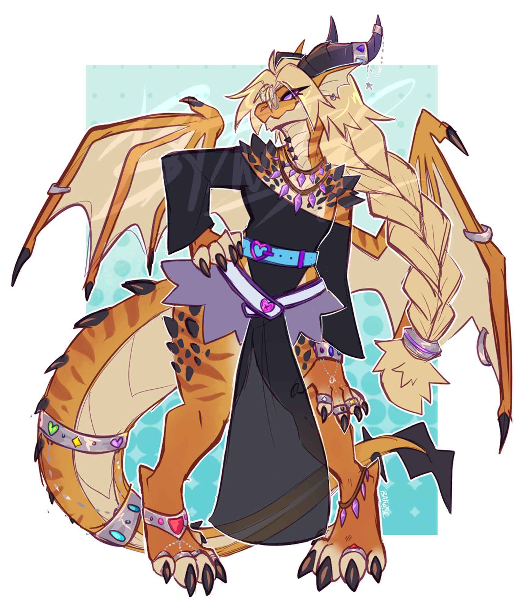 a digital drawing with rough linework of a tall, androgynous gold-orange anthro dragon with purple eyes, dark horns and spikes on their body, fin-like ears, long blonde hair with long bangs and a braid in the back, wings, a big long tail, and a lot of cuffs and jewelry with colorful gems embedded in them. they wear a long-sleeved shirt that falls off the shoulders, a stylized ruffled skirt that fastens with a pink heart button, and a blue belt with purple fastens. they stand in a confident pose against a light blue background with one hand against their hip.