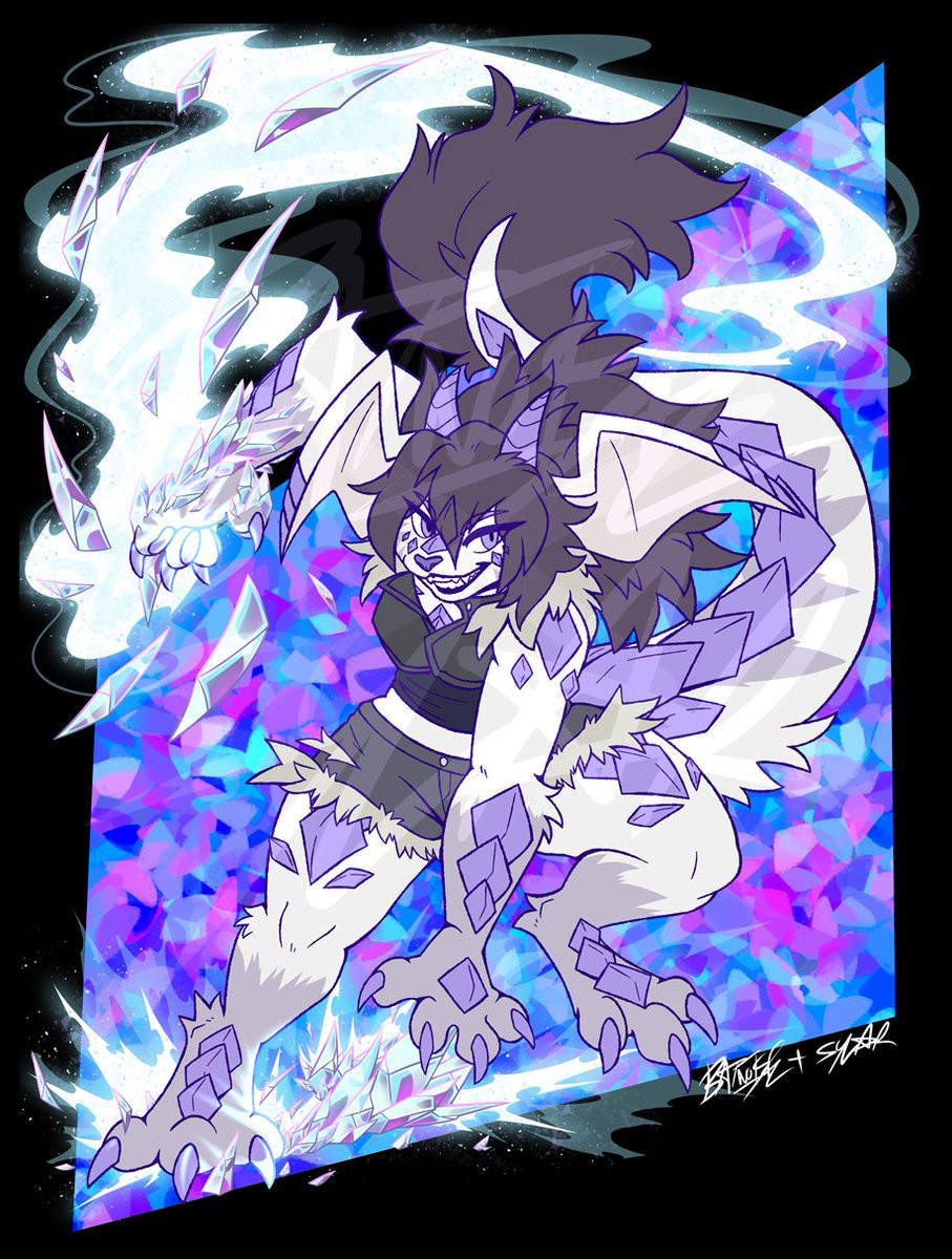 a digital fullbody illustration of a white and grey dragon-jakkai hybrid with long, dark hair and lavender scales on her body, against a background of blues and purples. she skids against the ground in a dynamic pose, leaving a trail of ice crystals in her wake. she reaches forward with one hand, the other in the air leaving a trail of icy frost.