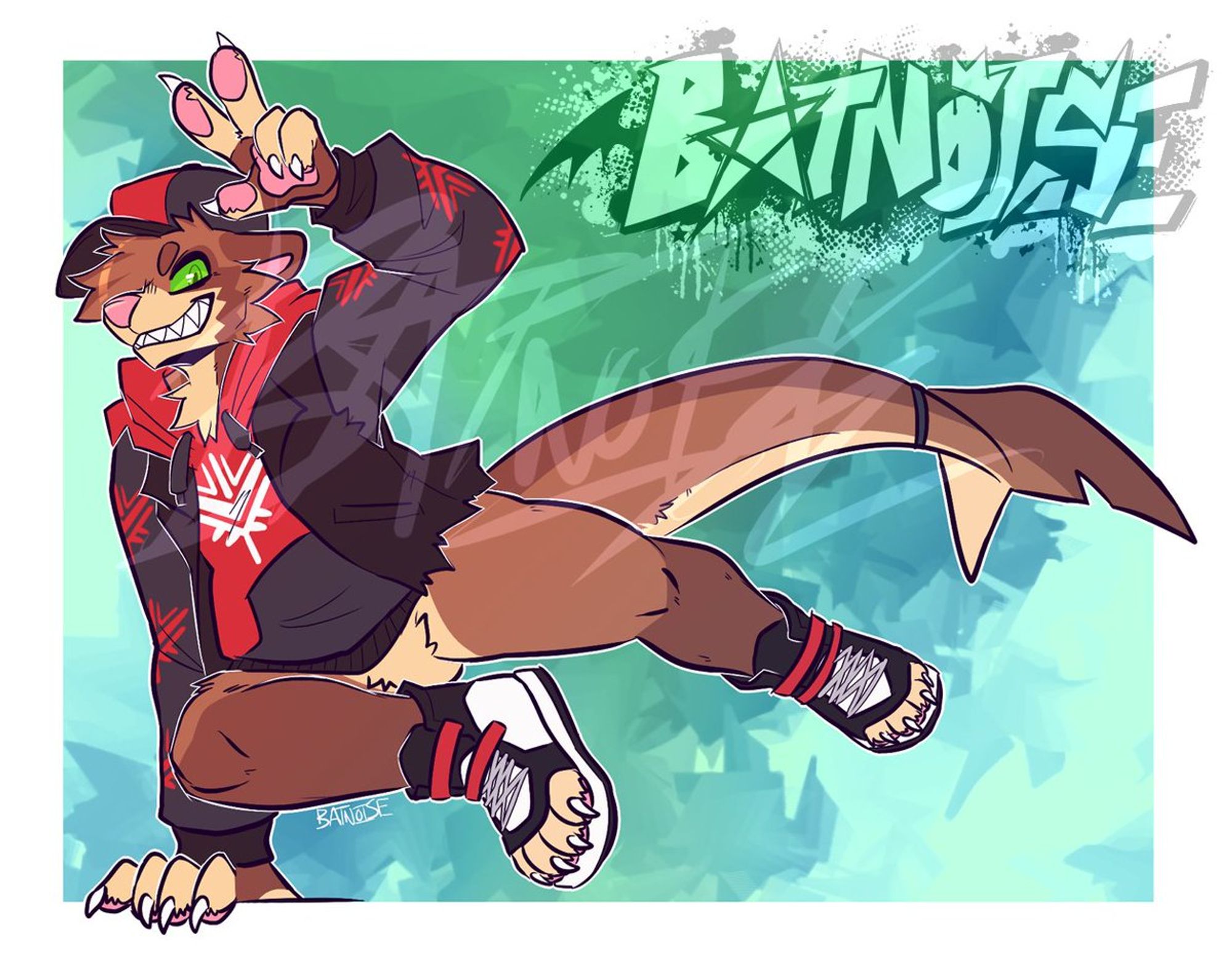 a digital drawing of a heavyset tanuki anthro with sharp teeth and a shark tail, various browns in color, wearing a red and black cap, a red and black hoodie with a distressed black vest on top, no bottoms, and black red and white shoes that show off his paws. the background is an abstract blend of seafoam and teal, bordered by white on the outside. the character parkours over the white border of the background with one hand up in a peace sign.