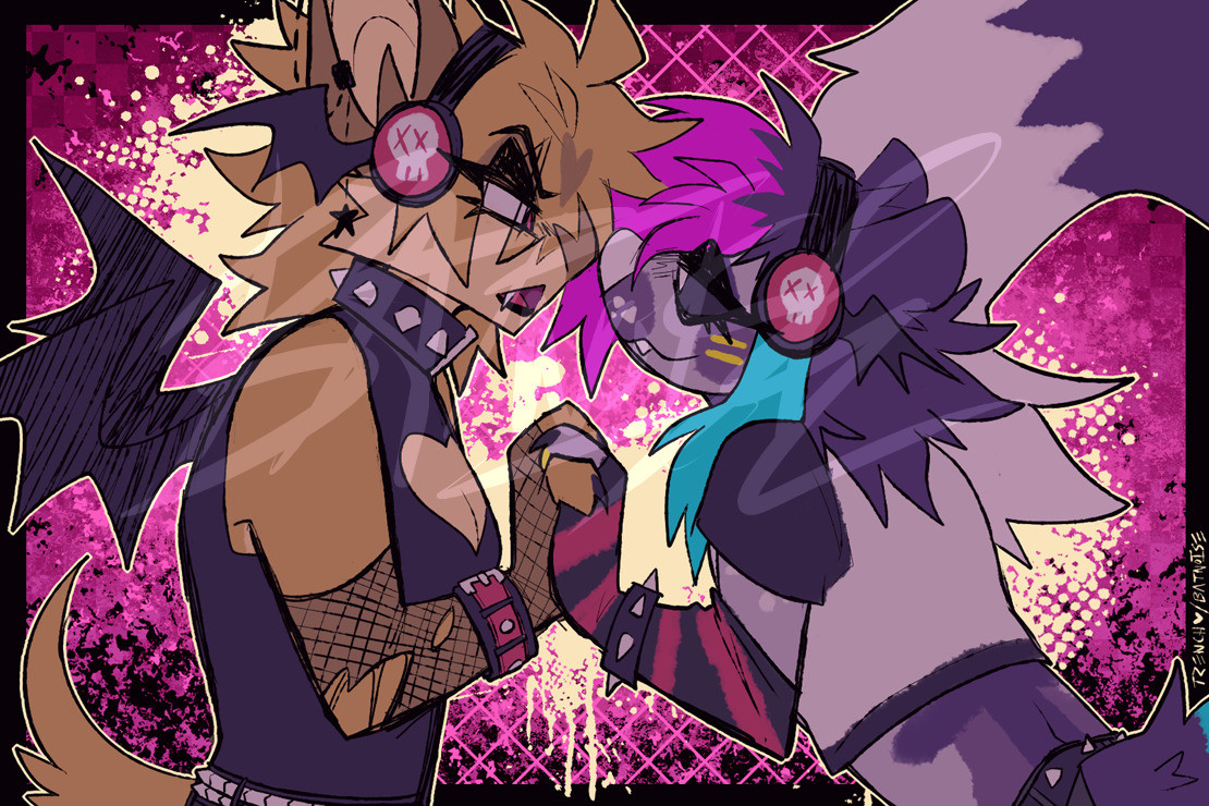 a digital drawing with dark, warm but muted colors of two anthro characters in profile, looking into each others eyes and holding hands against a hot pink background with punkish textures. on the left is a golden bat with a heart marking on his forehead and small black wings in a spiked collar and black tank top with a heart shaped boob window. on the right is a purplish grey mongoose with colorful scene hair, with a white and black crop top with red armwarmers. they have matching headphones with a skull design and bat wings on them.