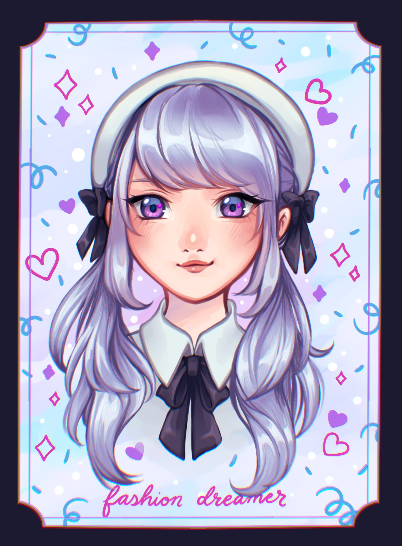 portrait of fashion dreamer muse, low twin pony tail hair style with ribbons, a beret, silver hair, purple eyes, and a collared shirt with a ribbon tie