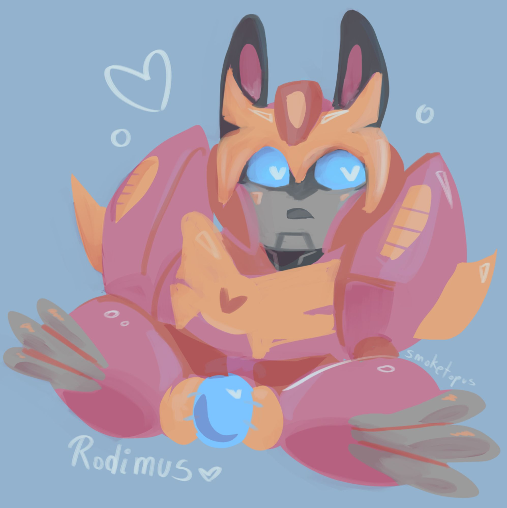 a doodle of rodimus from mtmte with bunny ears, holding a spark