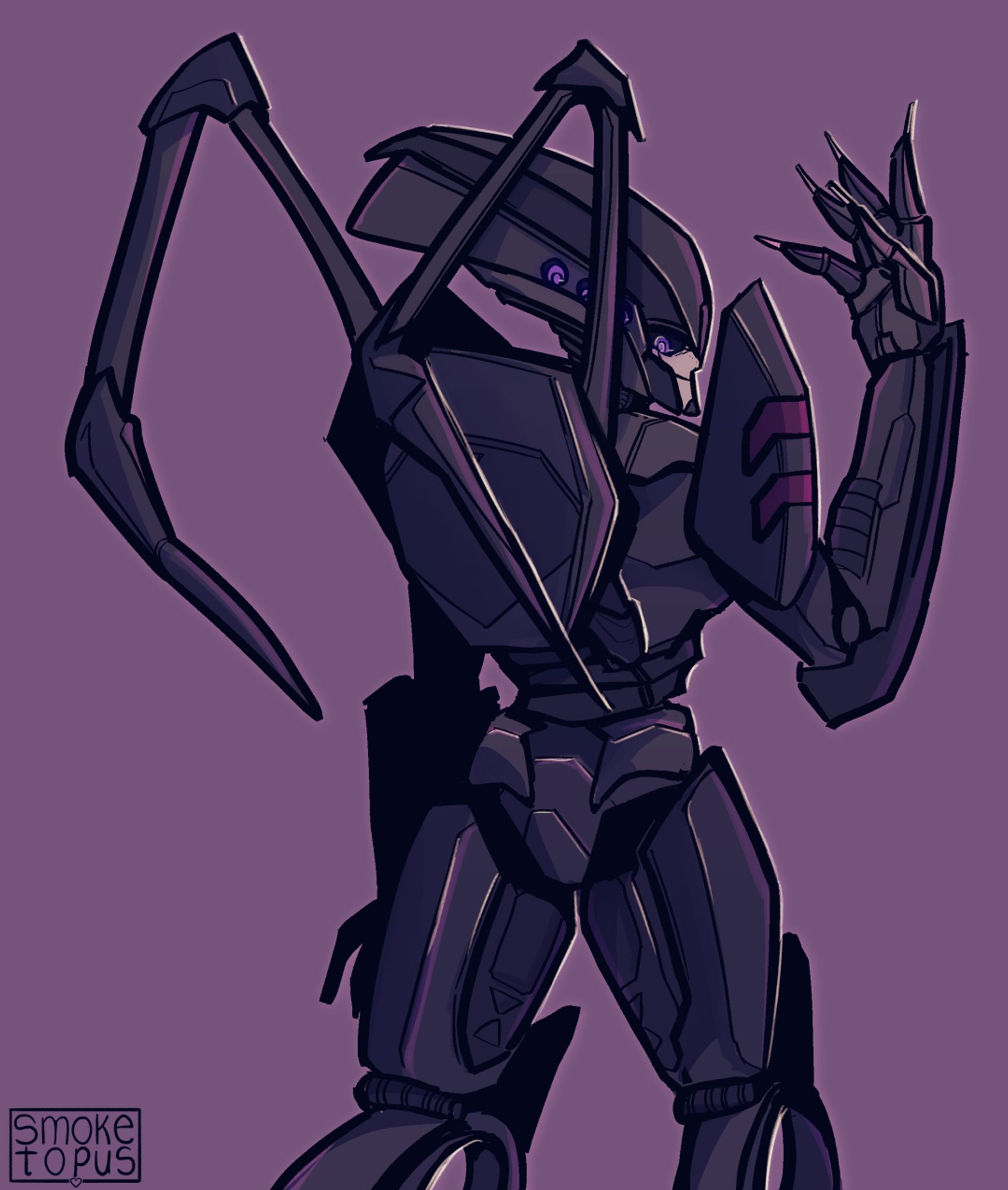 airachnid from transformers one, from the back. she is looking at you, threateningly.