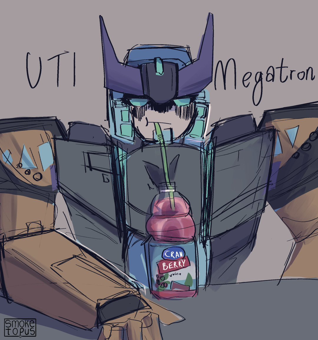 Megatron, sadly slurping some cranberry juice. there is text around him which says "UTI Megatron"