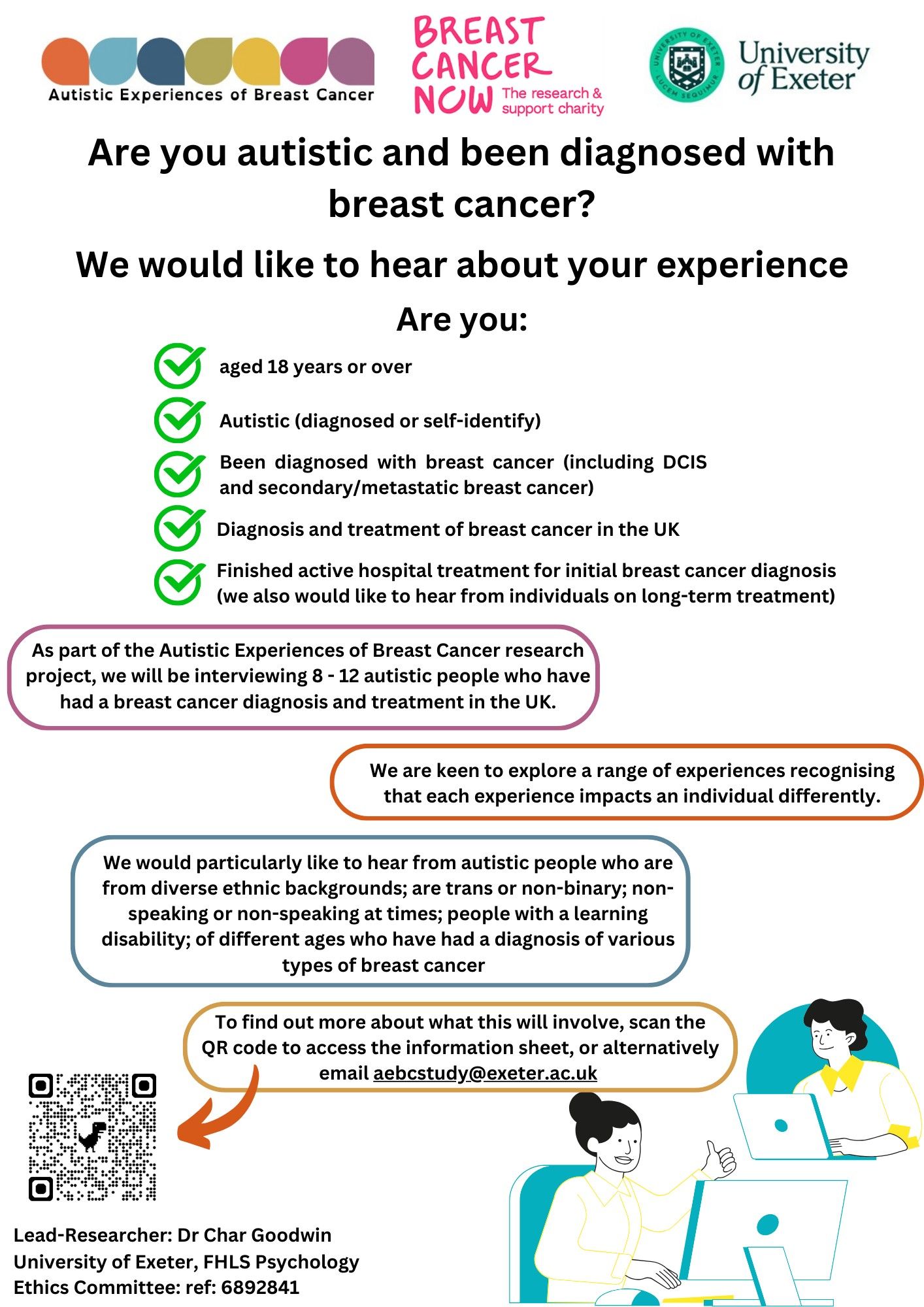 A participant recruitment advert looking for people who are aged 18 years or over, autistic (diagnosed or self-identify), been diagnosed with breast cancer (including DCIS and secondary/metastatic breast cancer), diagnosis and treatment of breast cancer in the UK, Finished active hospital treatment for initial breast cancer diagnosis (we would also like to hear from individuals on long-term treatment).

We will be interviewing 8-12 autistic people who have had a breast cancer diagnosis and treatment in the UK and we are keen to explore a range of experiences. We would particularly like to hear from autistic people who are from diverse ethnic backgrounds; are trans or non-binary; people with a learning disability; of different ages who, who have had a diagnosis of various types of breast cancer.

To find out more about more go to aebcstudy.co.uk, or email aebcstudy@exeter.ac.uk

Lead-Researcher: Dr Char Goodwin
University of Exeter, FHLS Psychology Ethics Committee: ref: 6892841