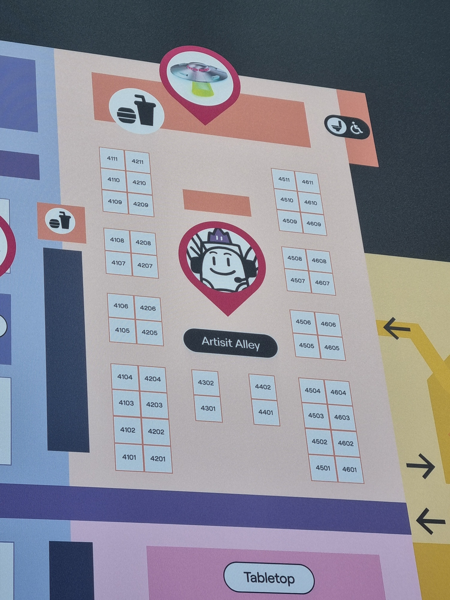 A photo of a floor map for Twitchcon. Artist Alley is labelled Artisit Alley