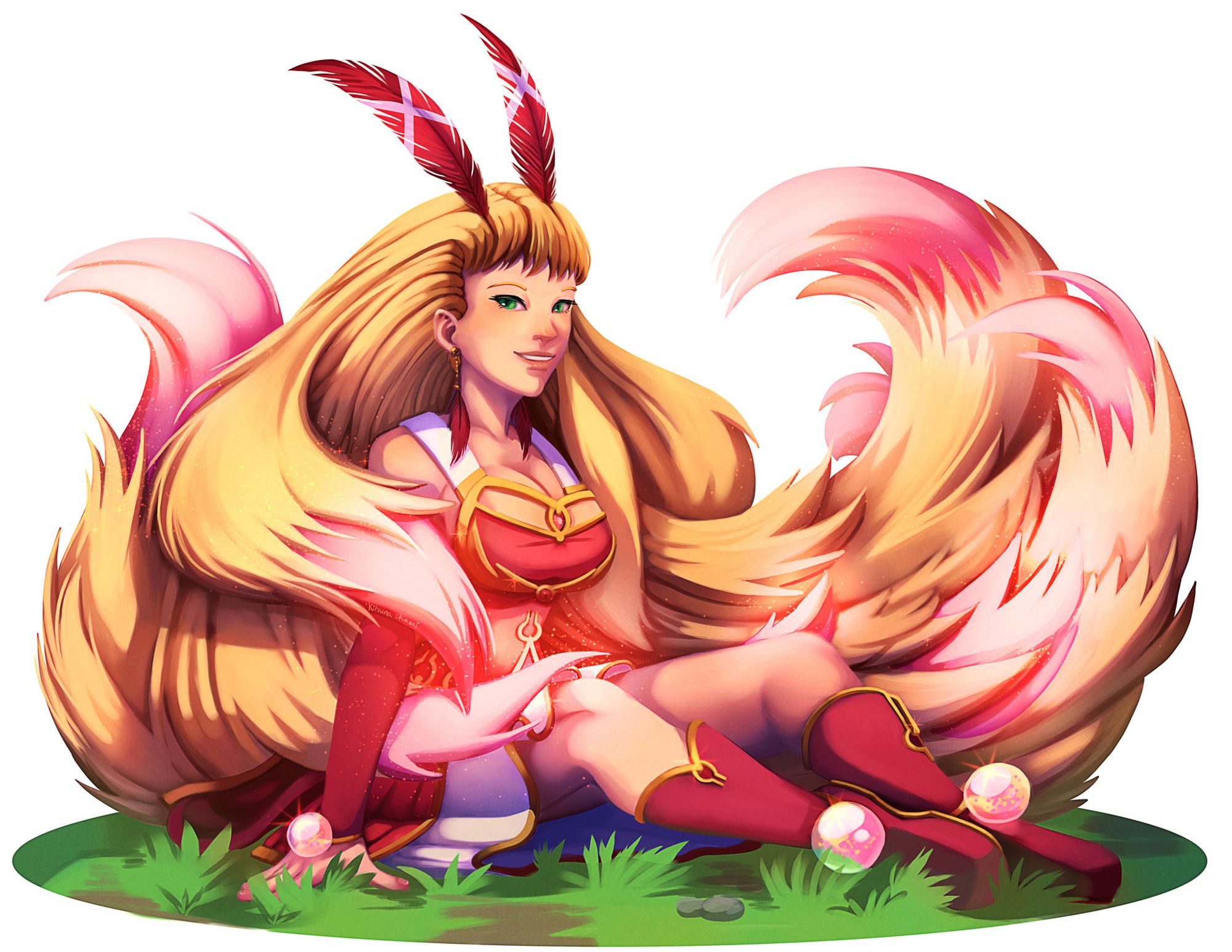 Illustration of a fox girl sitting on the ground. The tails are actually her hair and she's smiling at the viewer. The tip of her tails glow a bright pink.