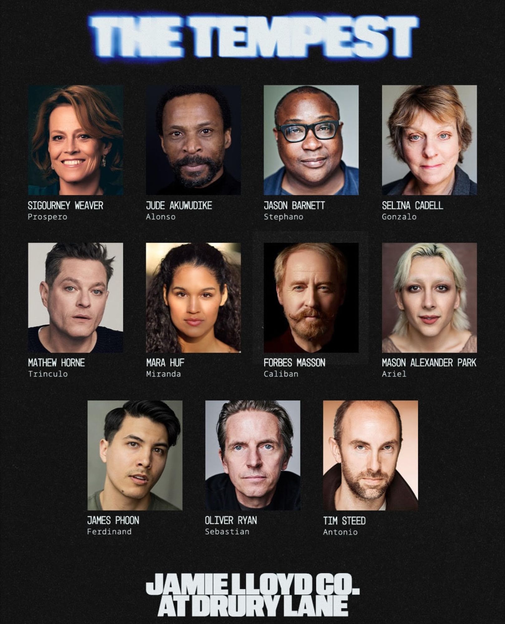 A cast list for The Tempest at Drury Lane where Sigourney Weaver as Prospero is first and everyone else is alphabetical afterwards.