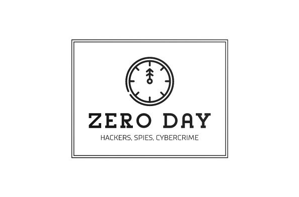 Logo for "Zero Day" with "Zero Day" spelled out and a subtitle that reads "Hackers, Spies, Cybercrime" and a clock at midnight icon, all within a box.