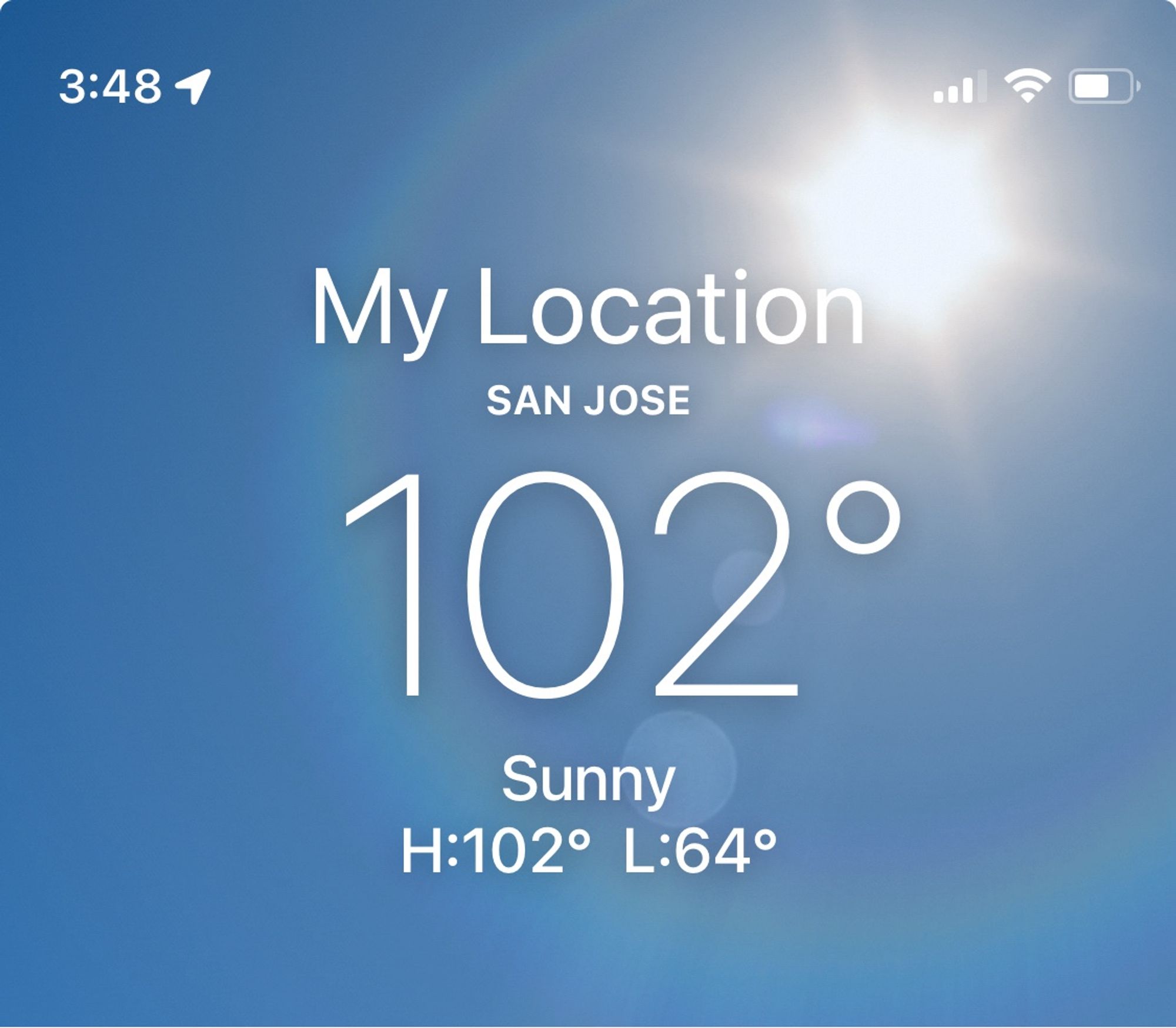 Screenshot of weather app showing 102 degrees