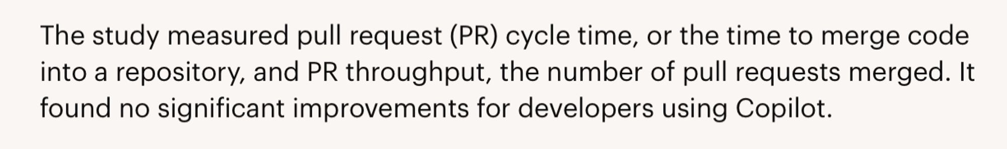 The study measured pull request (PR) cycle time, or the time to merge code into a repository, and PR throughput, the number of pull requests merged. It found no significant improvements for developers using Copilot.