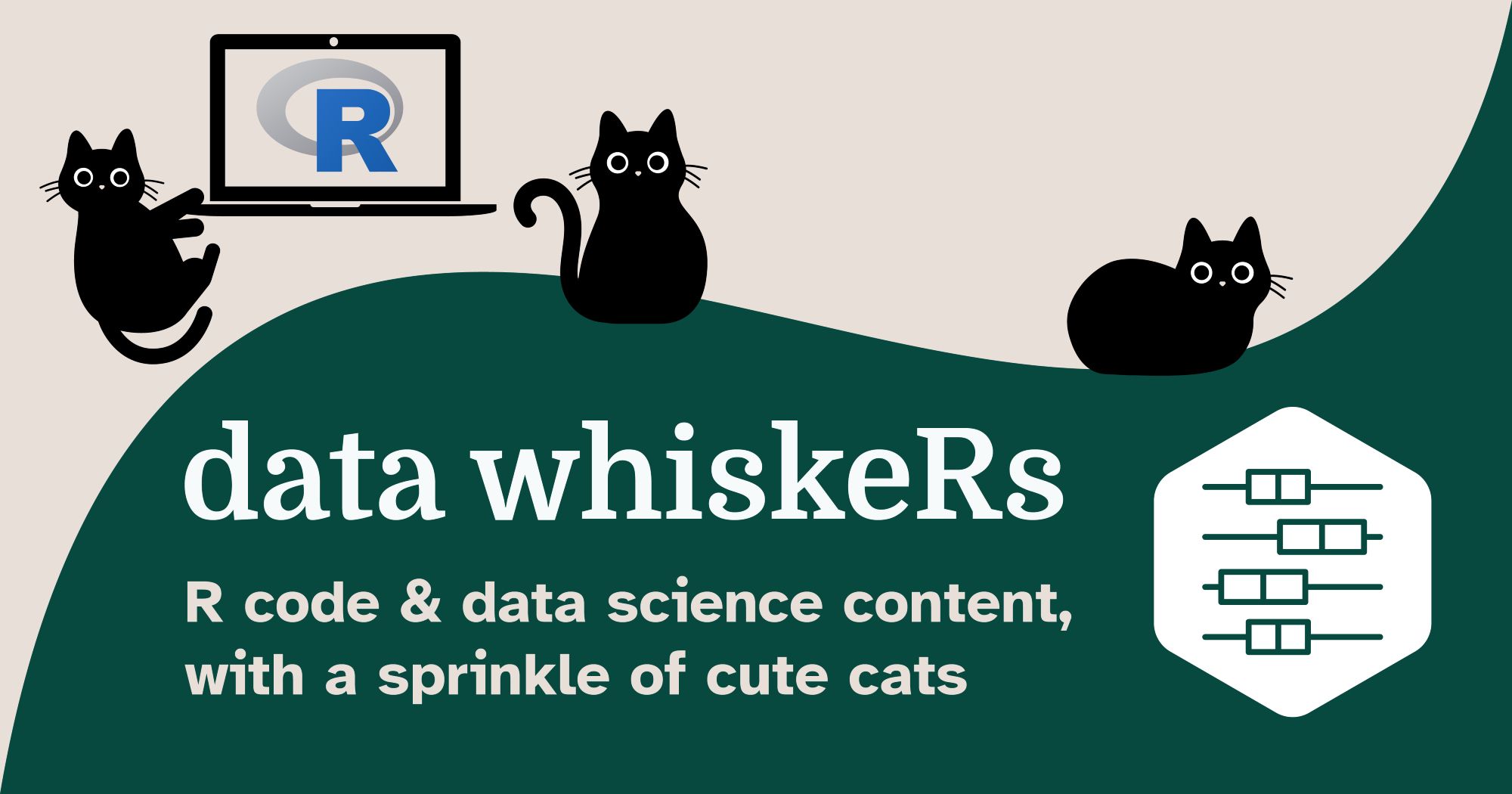 Thumbnail for the data whiskeRs blog. Dark teal color with white text reading data whiskeRs: R code & data science content with a sprinkle of cute cats. Cartoon cats with a computer with the RStats logo and a hex with a boxplot with whiskers.