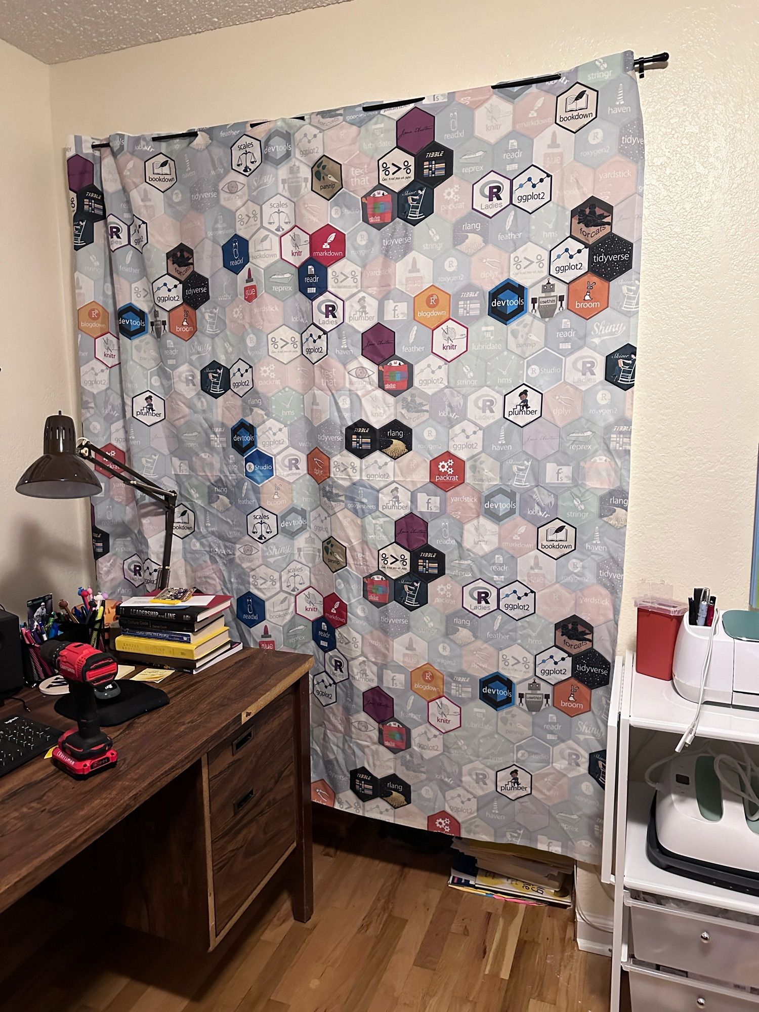 Photo of R Stats hex sticker curtain covering my very cluttered office closet.  Curtain designed by Amelia McNamara and sold on Red Bubble https://www.redbubble.com/people/ameliamn/shop.