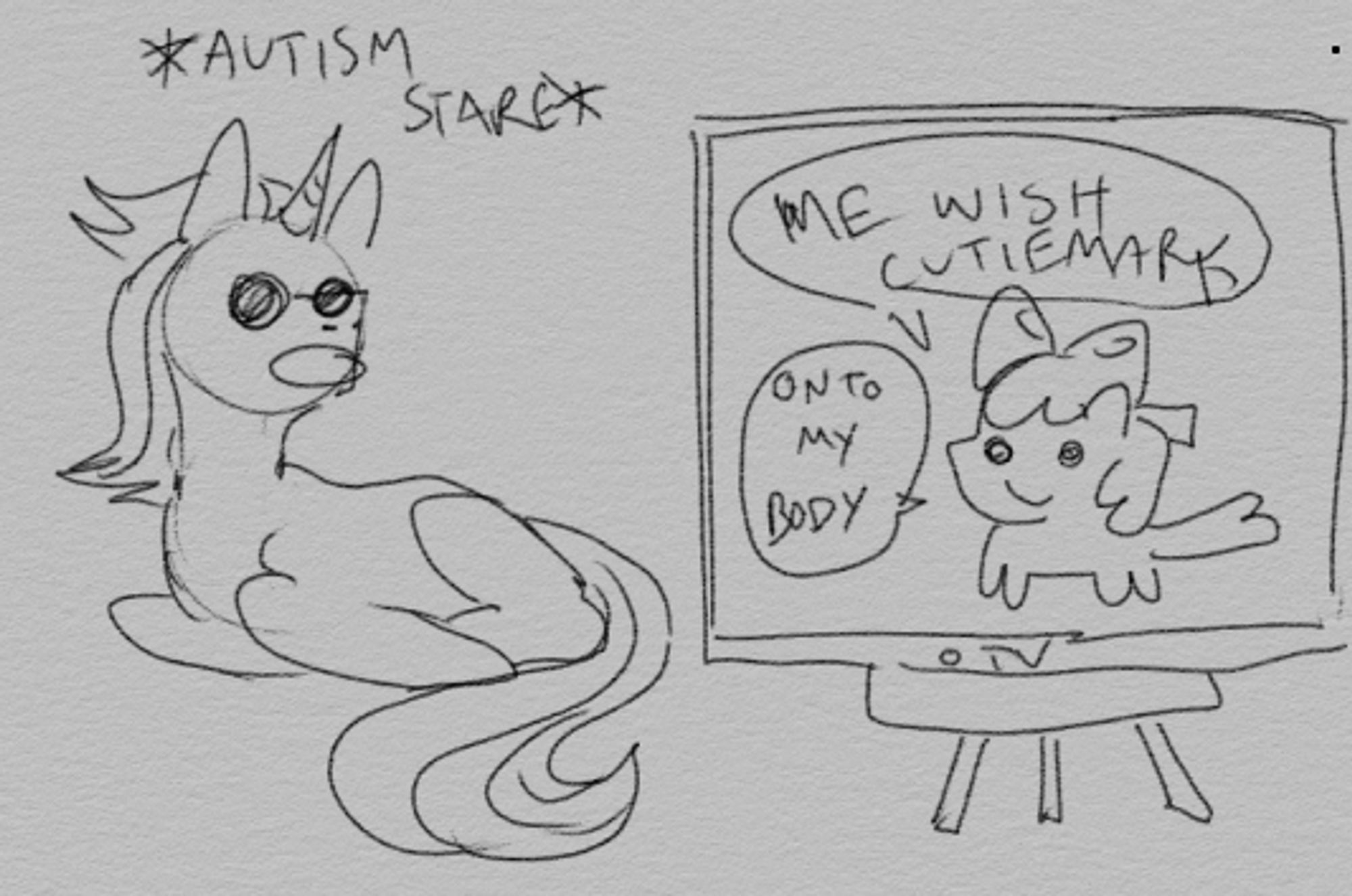 a drawn replica of my recent irl experience. my ponysona is laying down, staring enthralled (with the words “*AUTISM STARE*” above him) at a tv with mlp:fim playing on it. on the tv is applebloom saying “me wish cutiemark” “onto my body”