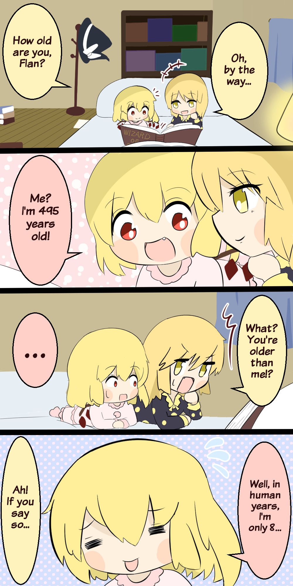 During a sleepover, Marisa is reading a book to Flandre and asks for her age.
Marisa is shocked to learn that Flandre is 495, but it only counts as 8 human years, after all.