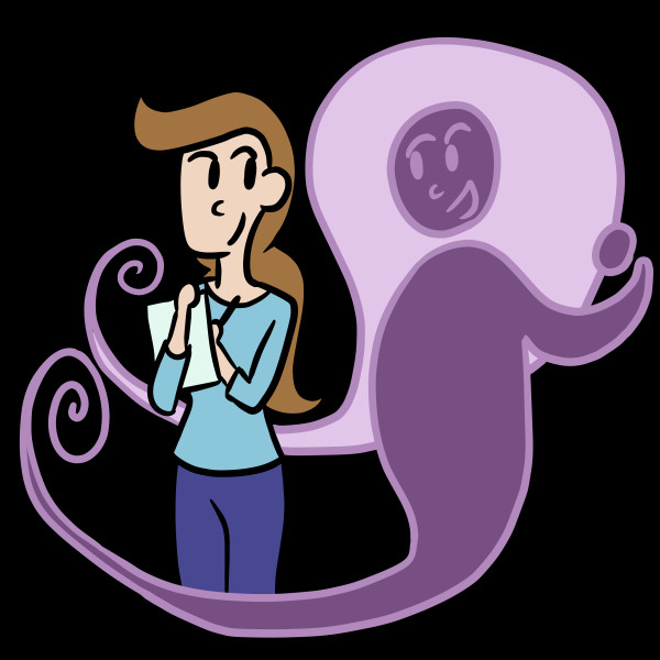 Digital illustration - Sandy, a writer, jots down notes as her muse, a floating purple shape-shifter gives her ideas.